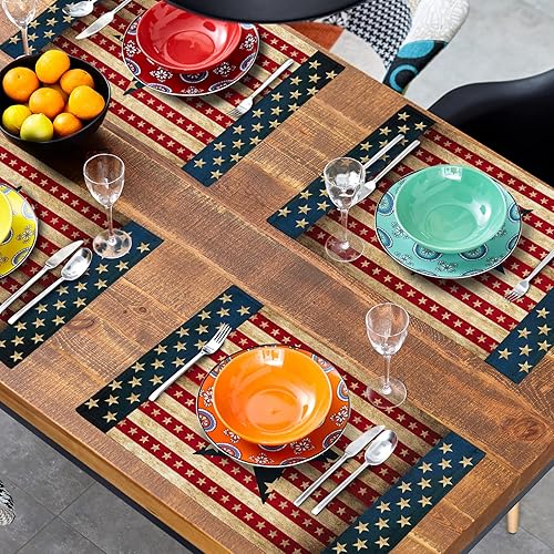 Miniatura 8 de Juego de 4 manteles individuales de lino del 4 de julio, Día de la Independencia, patriótico, bandera estadounidense, estrella, antideslizantes,