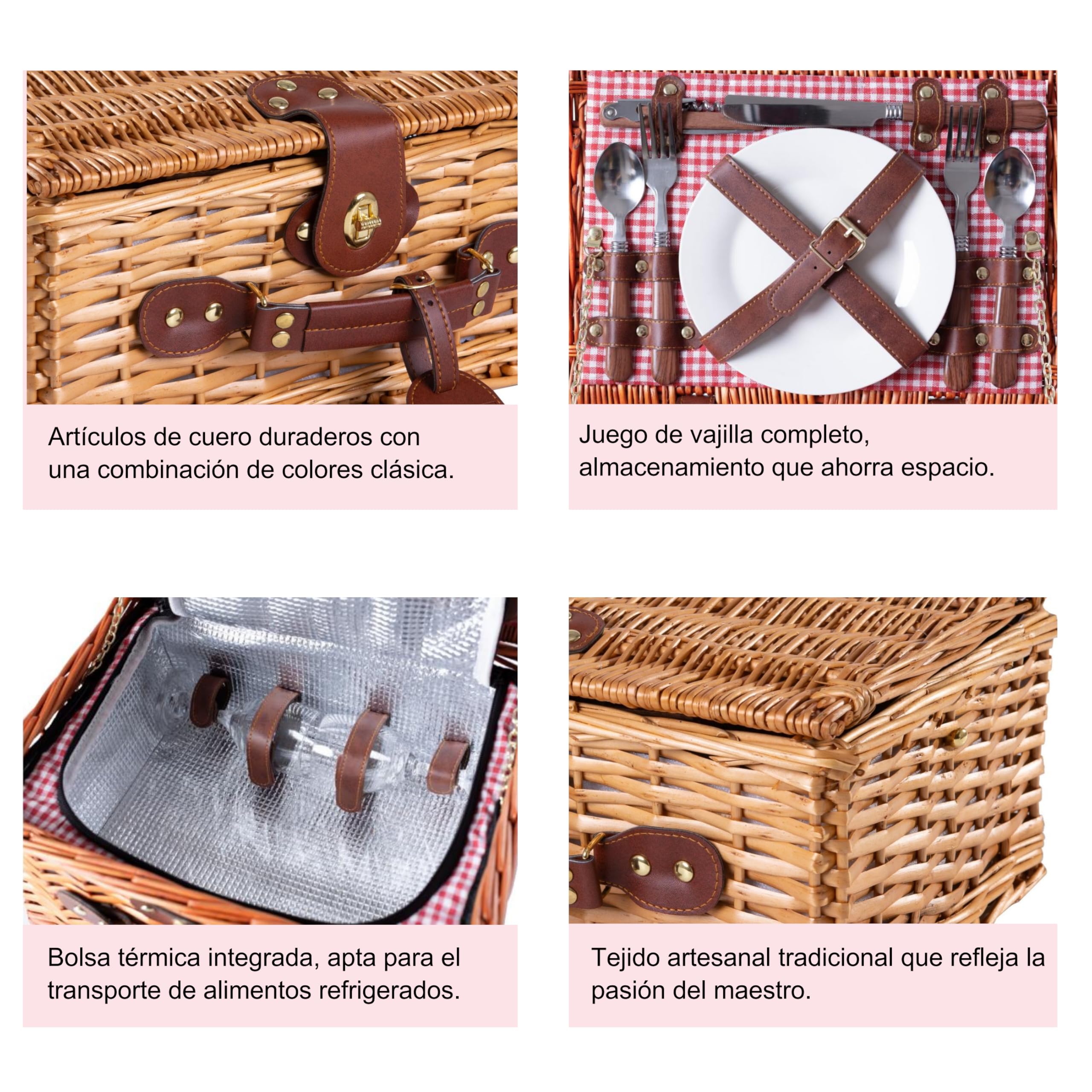 Cesta de Picnic de Mimbre para 2 Personas con Bolsa Térmica y Vajilla Completa – Platos de Cerámica, Copas de Vidrio y Cubiertos de Acero Inoxidable