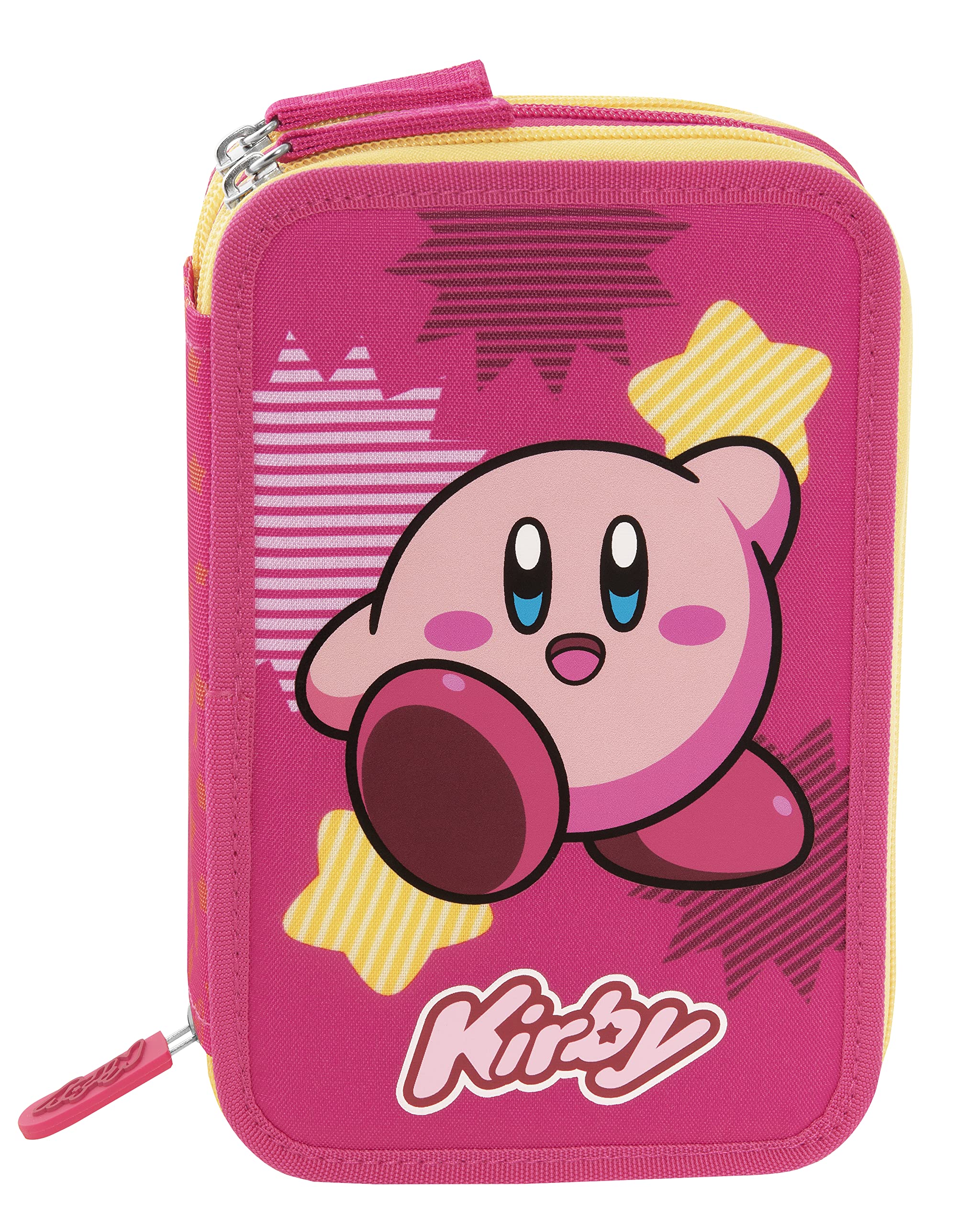 KIRBY - Astuccio Scuola Ufficiale Kirby, Astuccio 3 Scomparti Bambina e Bambino con Set Cancelleria, Penna Cancellabile Blu, Pratica Chiusura a Zip, 20x13Hx7cm, Rosa