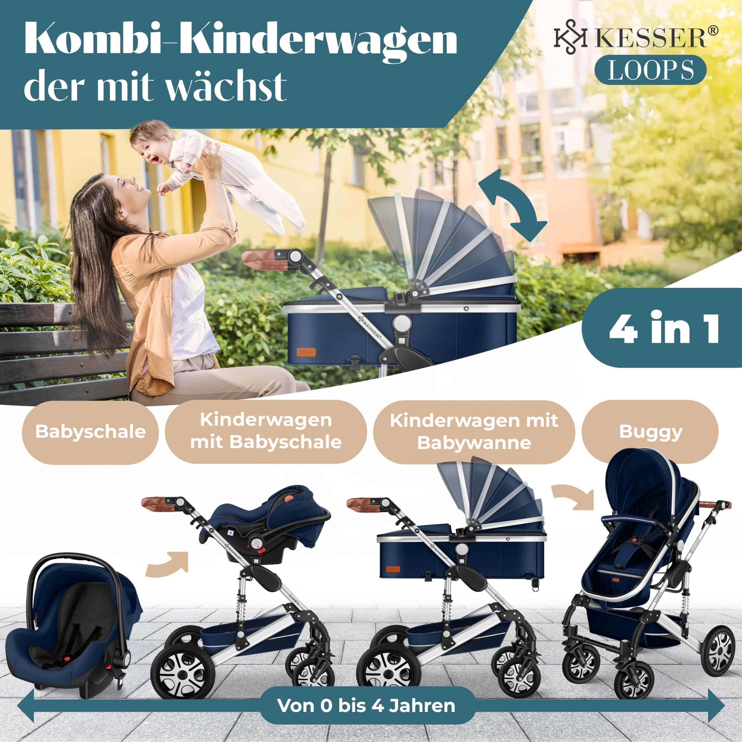 KESSER Ensemble poussette combinée 4 en 1 nacelle siège pneus caoutchouc plein ECE R129 Bleu Argent
