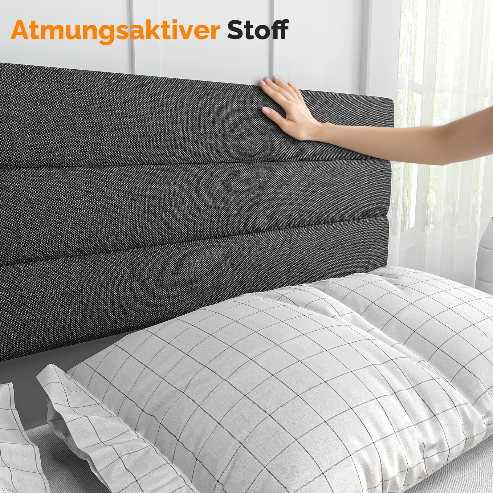 Bonnlo Polsterbett 90x200 cm mit verstellbarem Kopfteil, Bett 90x200 mit Lattenrost aus Holz, Leinenoptik(ohne Matratze)