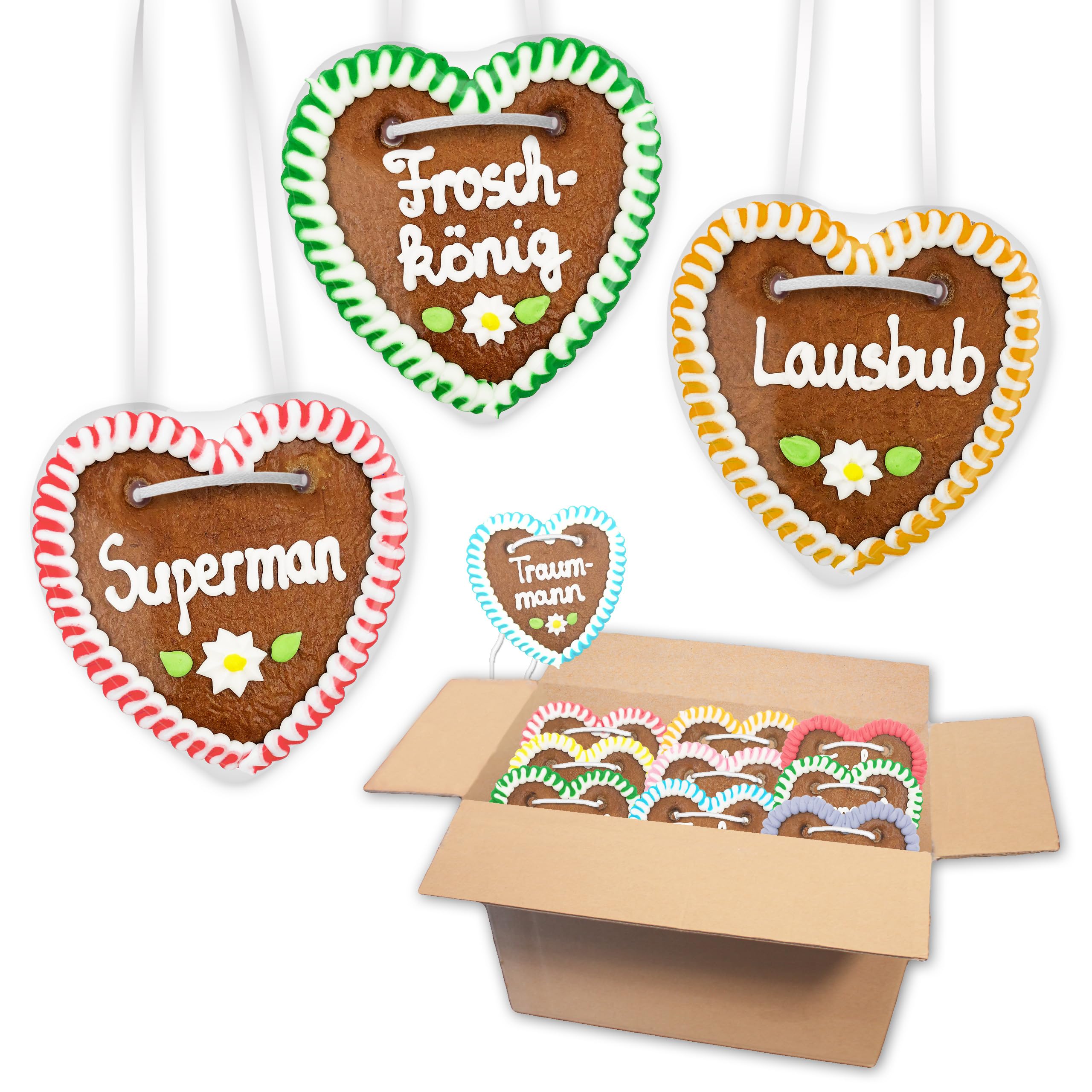 140x Lebkuchenherzen Mischkarton Party & Männer Sprüche, Bunter Rand, 10 cm