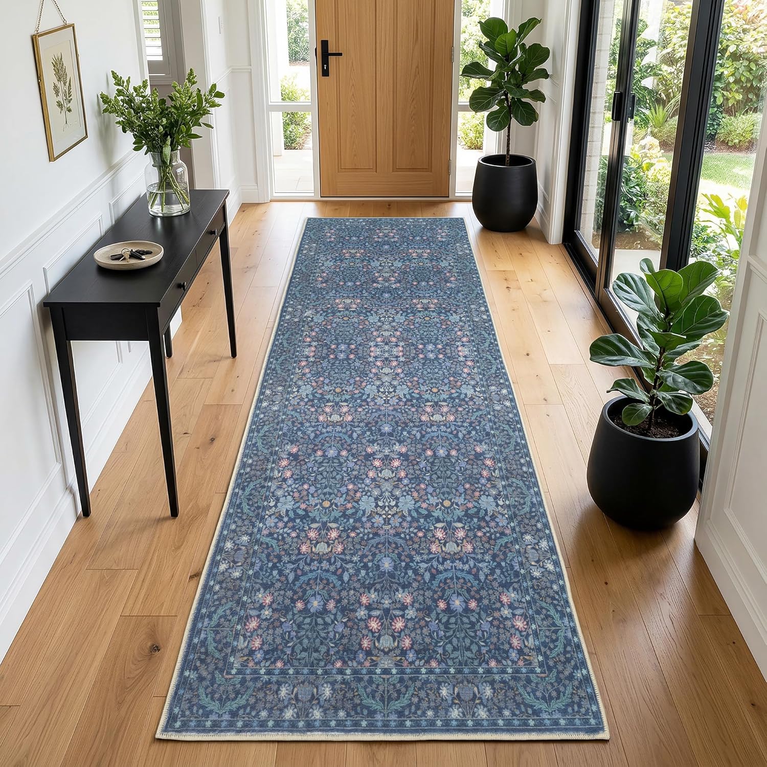 Non Slip 2x6 Kitchen Runner Rug Washable, Hallway Runner Rugs, Boho Vintage Floral Blue Non Skid Carpet Stain Resistance Ultra Soft Low Pile for Entryway, Bathroom Mats for Floor