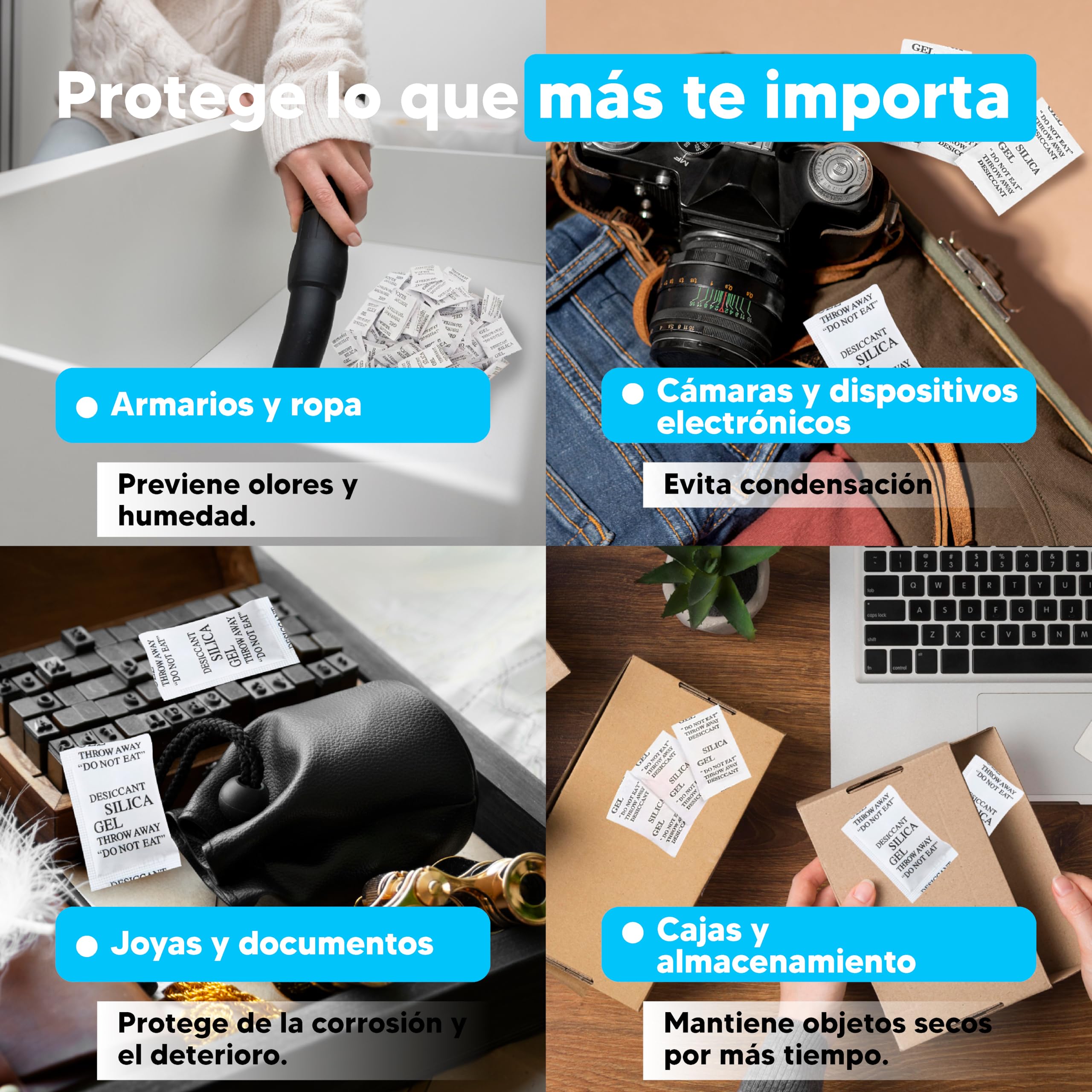 AURETS 150 Bolsas de Gel Antihumedad (1g) Sílica Gel Bolsitas Antihumedad para Armarios, Zapatos y Habitación - Sobres Deshumidificadores para Prevenir Moho y Olores para Electrónica y Ropa