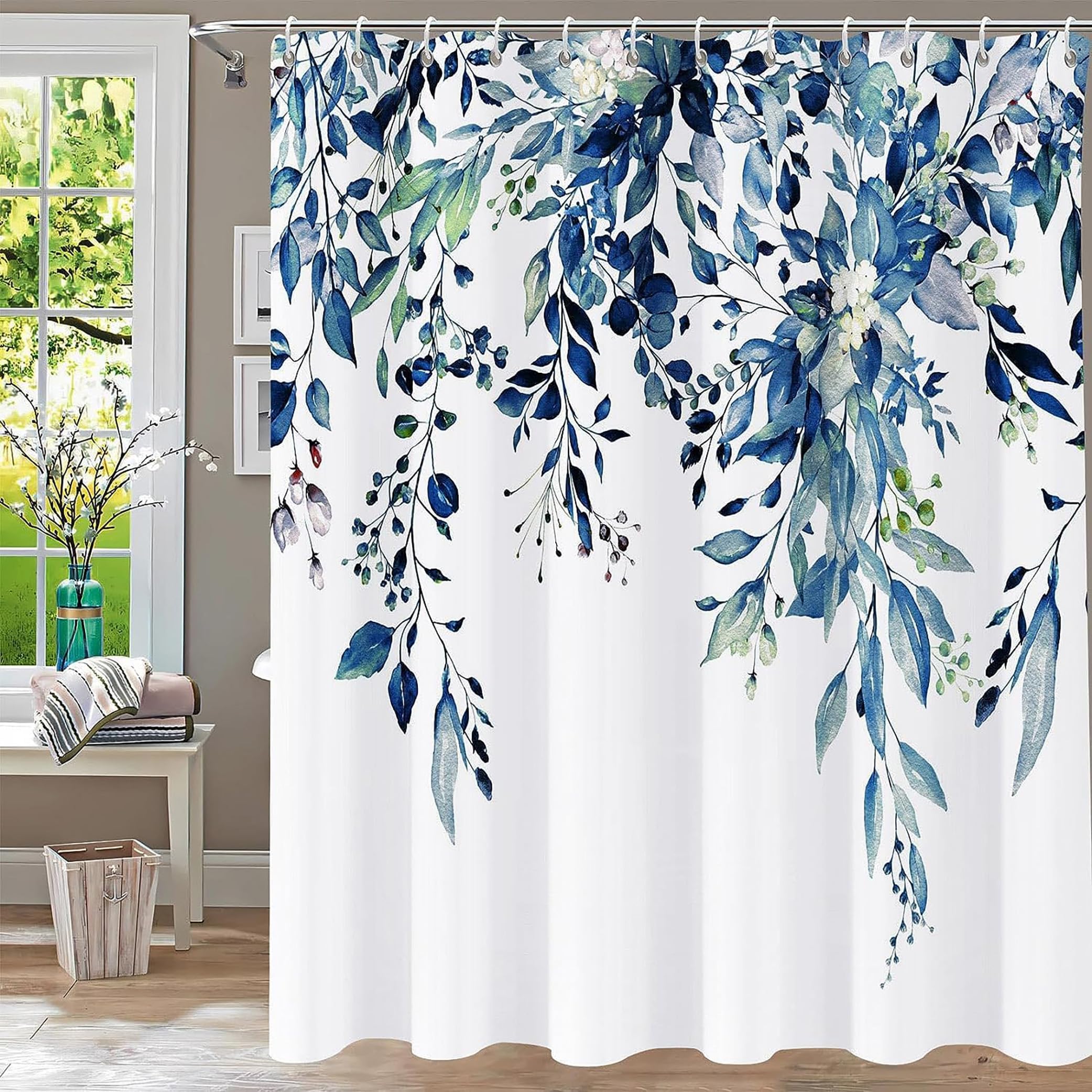 ALMEKAQUZShower Curtain Blue Eucalyptus Shower Curtains for Bathroom, Watercolor Leaf Shower Curtain Sets Waterproof Plant Shower Curtain Leaves Fabric Cloth Bathroom Curtains 72x72 inch with Hooks