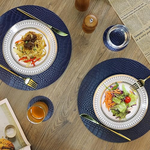 Miniatura 7 de Juego de 4 manteles individuales redondos de cuero para mesas redondas, manteles individuales y posavasos azules, lavables, fáciles de cuidar para