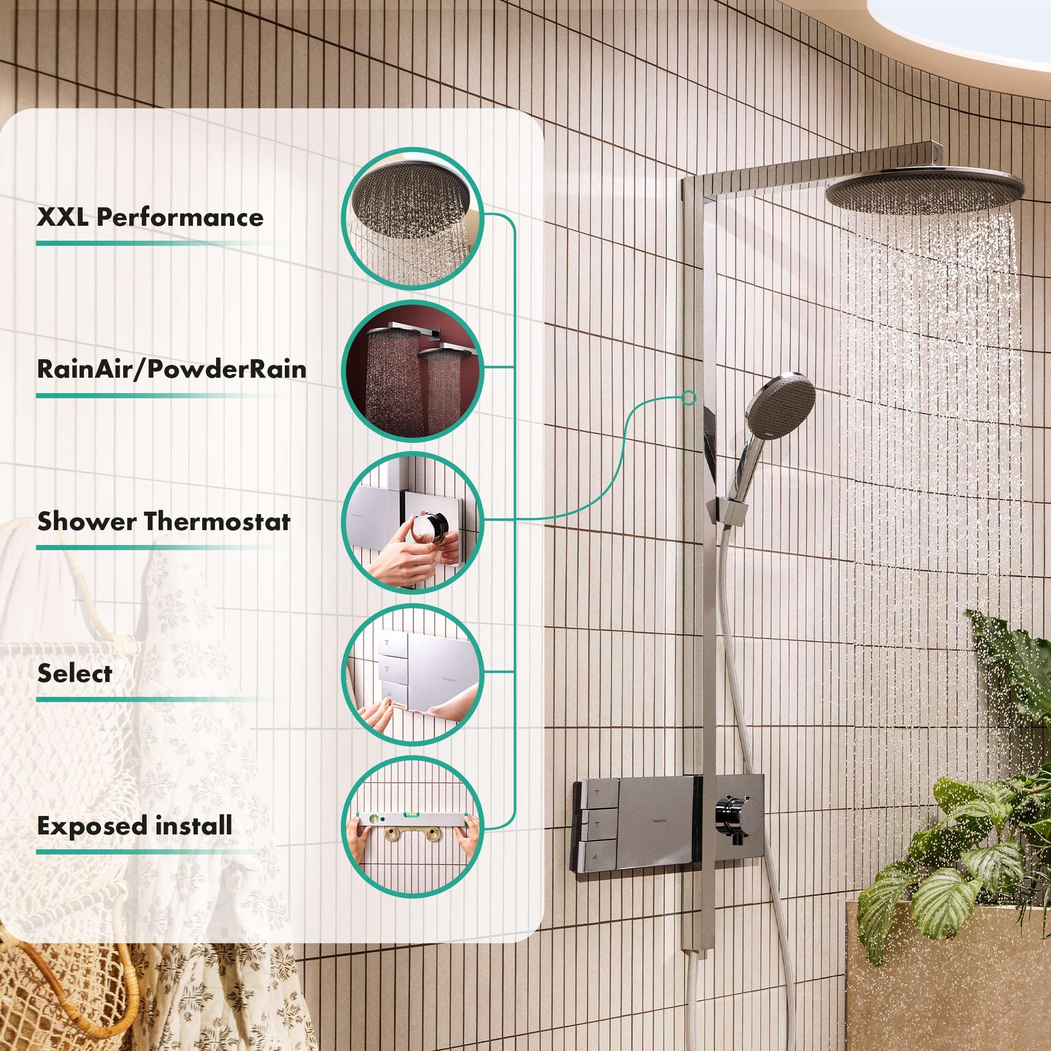 hansgrohe Raindance Alive S - komplet prysznicowy z termostatem, zestaw prysznicowy z główką prysznicowa, wąż, szyna i deszczownica 2-strumieniowa (PowderRain) (300 mm), chrom, 24595000
