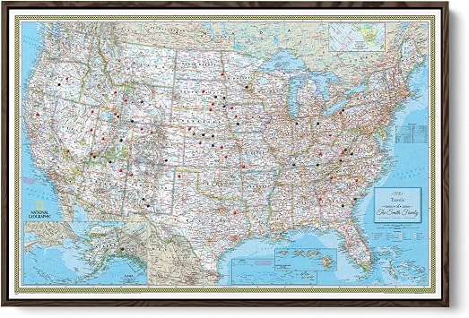 National Geographic Classic USA Map with Pins Personalized United States Travel Map Canvas Framed Wall Decor Brown Float Frame 24" x 36"