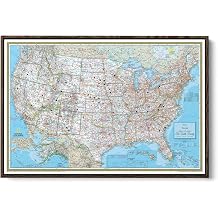 National Geographic Classic USA Map with Pins Personalized United States Travel Map Canvas Framed Wall Decor Brown Float Frame 24" x 36"