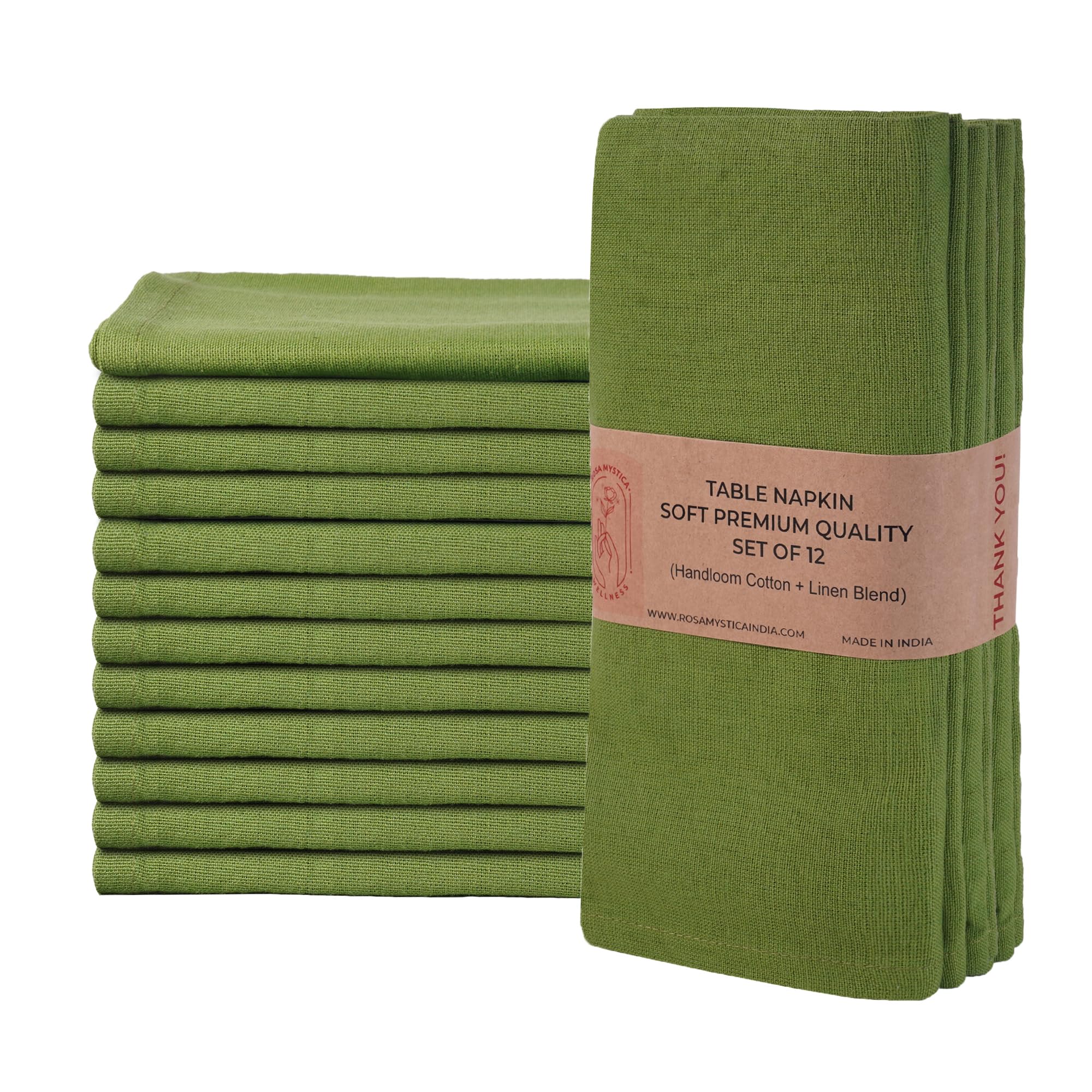Rosa Mystica Cotton Table Napkins, 46 x 46 cm, Set of 12 Premium Quality Dinner Napkins (Green)