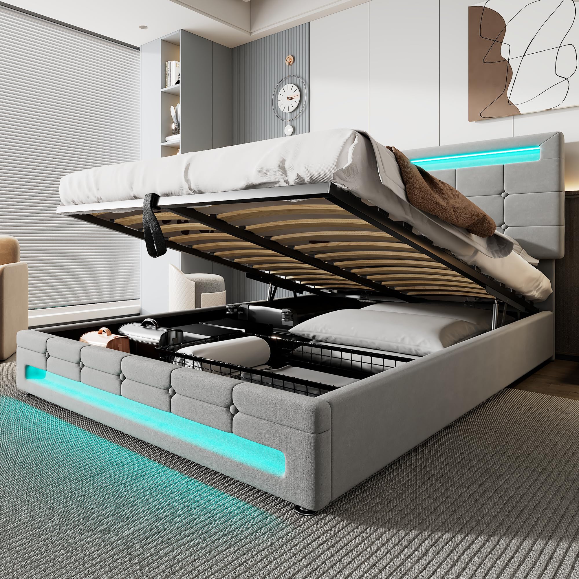 ModernLuxe Upholstered Bed 4ft6 Double Bed 135x190 cm with Hydraulic Lift Storage, LED Light Strips, Velvet+Iron Frame, Grey, Stylish Square Embellishment – Without Mattress — image 1