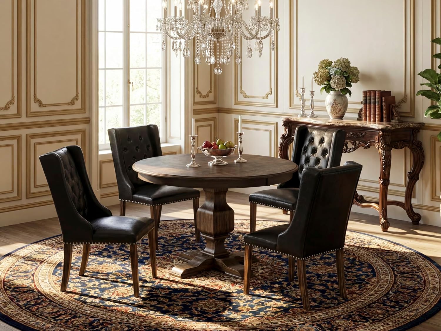 East West Furniture F3FO5-749 5 Piece Dining Room Table Set Includes a Round Dining Table with Pedestal and 4 Black Faux Leather Upholstered Chairs, 48x48 Inch, Distressed Jacobean