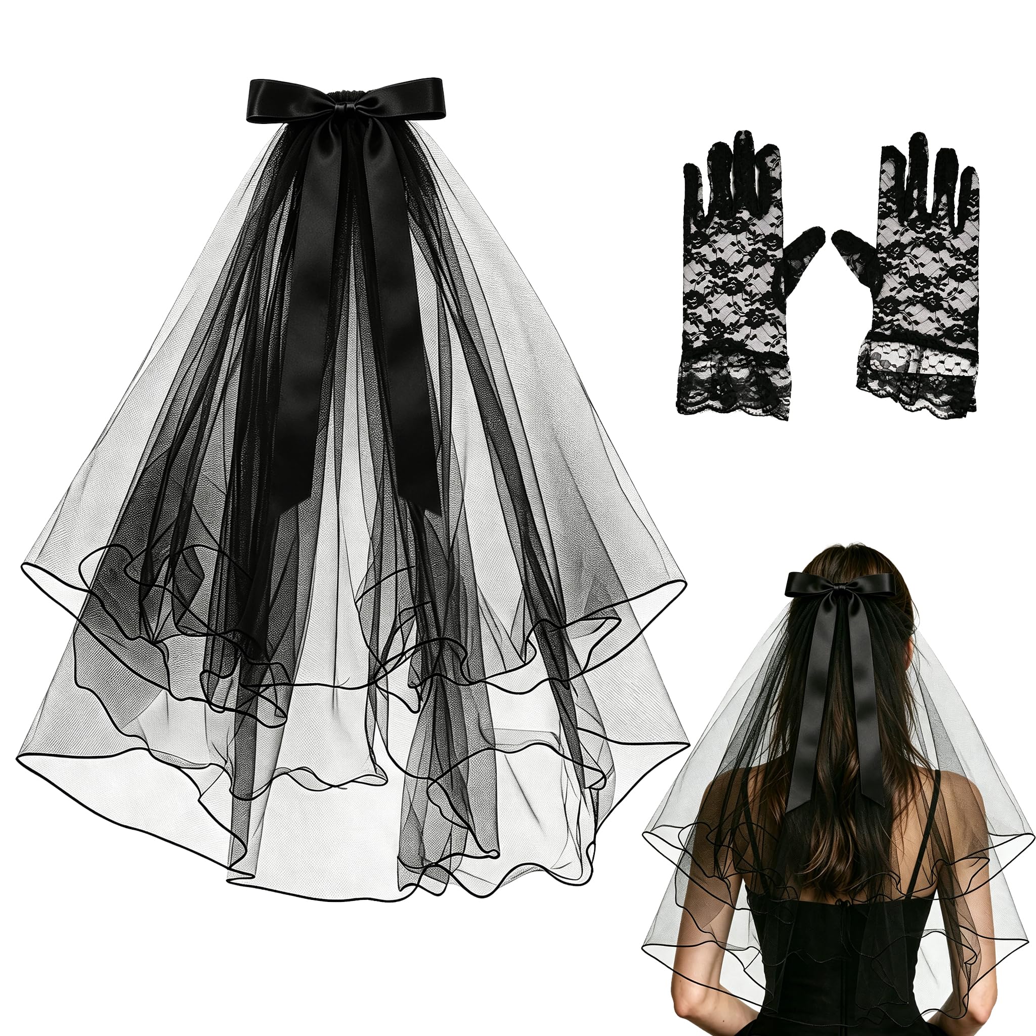 2PCS Halloween Hair Accessories for Women, Black Lace Veil & Gloves Set, Elegant Headband, Lightweight Gothic Headpiece, Vampire Halloween Hairband, Dead Bride Costume for Party Day of the Dead
