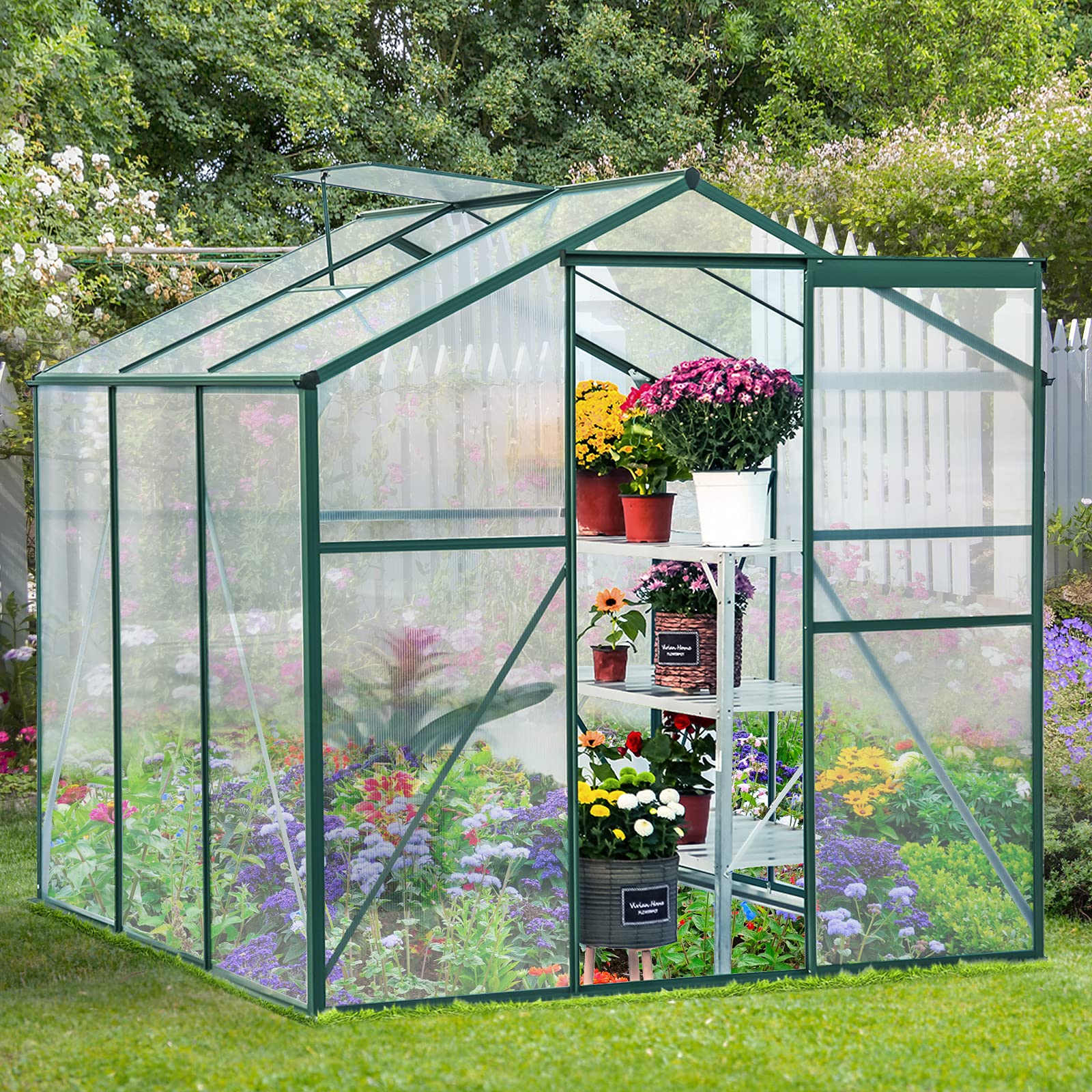 U-MAX Greenhouse Polycarbonate Outdoor Garden Greenhouse Walk-in Portable 6'(L) x6'(W) x6.6'(H) Adjustable Roof Hot House