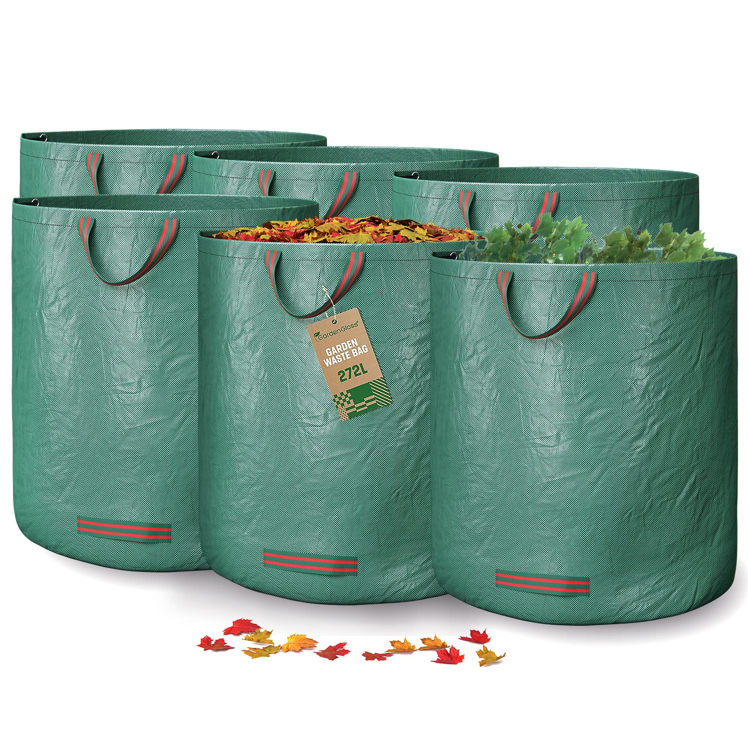 GardenGloss® Garden Waste Bags Heavy Duty with Handles (6pcs) - 272L High Capacity Garden Bag - UV Stable and Water Repellent - Reusable
