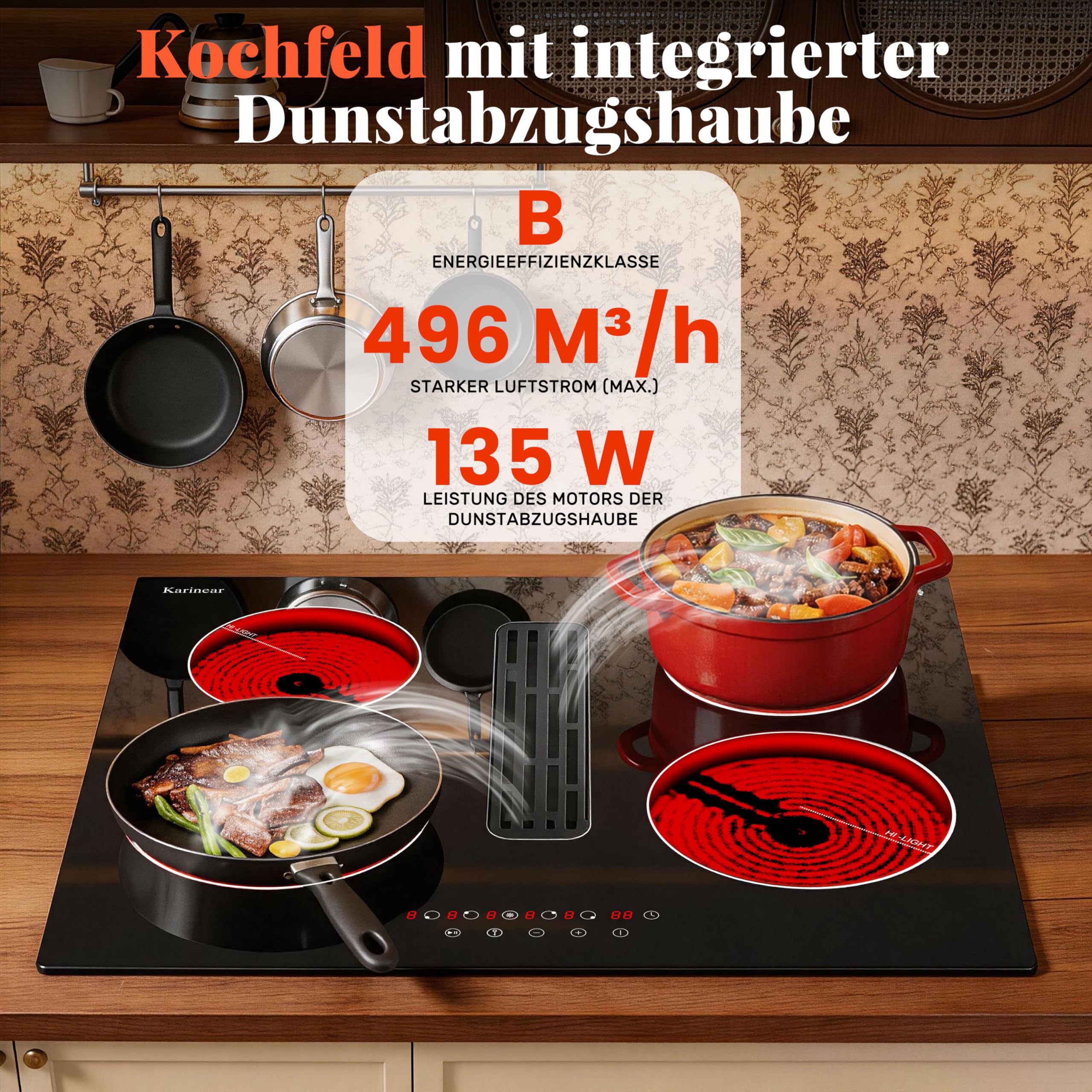 Karinear Kochfeld mit Dunstabzug 60 cm, 6000W, 4 Platten, Touch, Timer | 60 cm Kochfeld mit Dunstabzug, 6000W, Herdplatte 4 Kochfelder, Integrierter Abzug, Touch-Steuerung, Timer und Pause-Funktion.