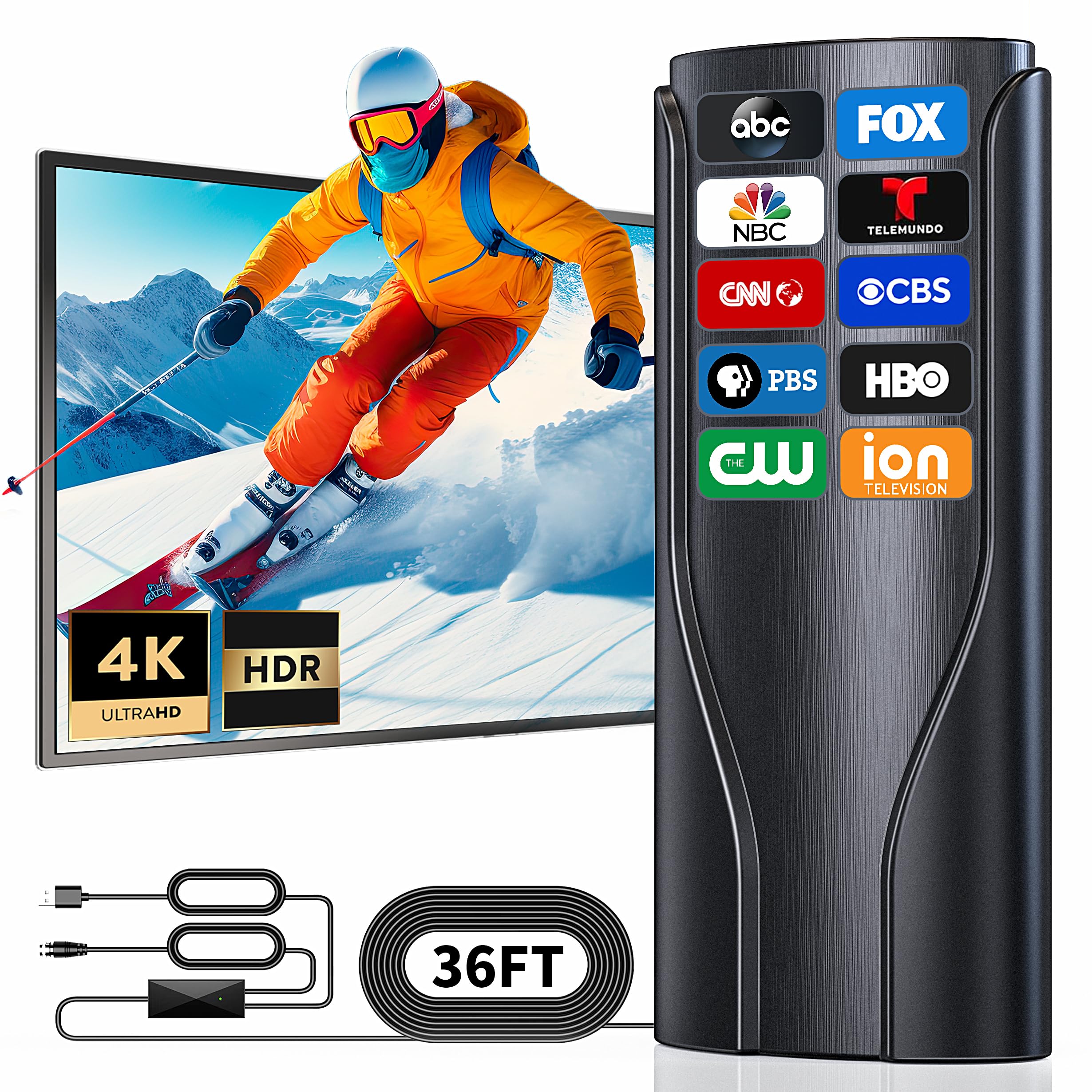 2026 High Gain ATSC Digital HD TV Antenna Indoor Outdoor, 2200+ Miles Range for Local Channels,TV Antenna for Smart TV with Signal Booster Compatible with Older TVs，4K 1080p Ready (Raven Black)