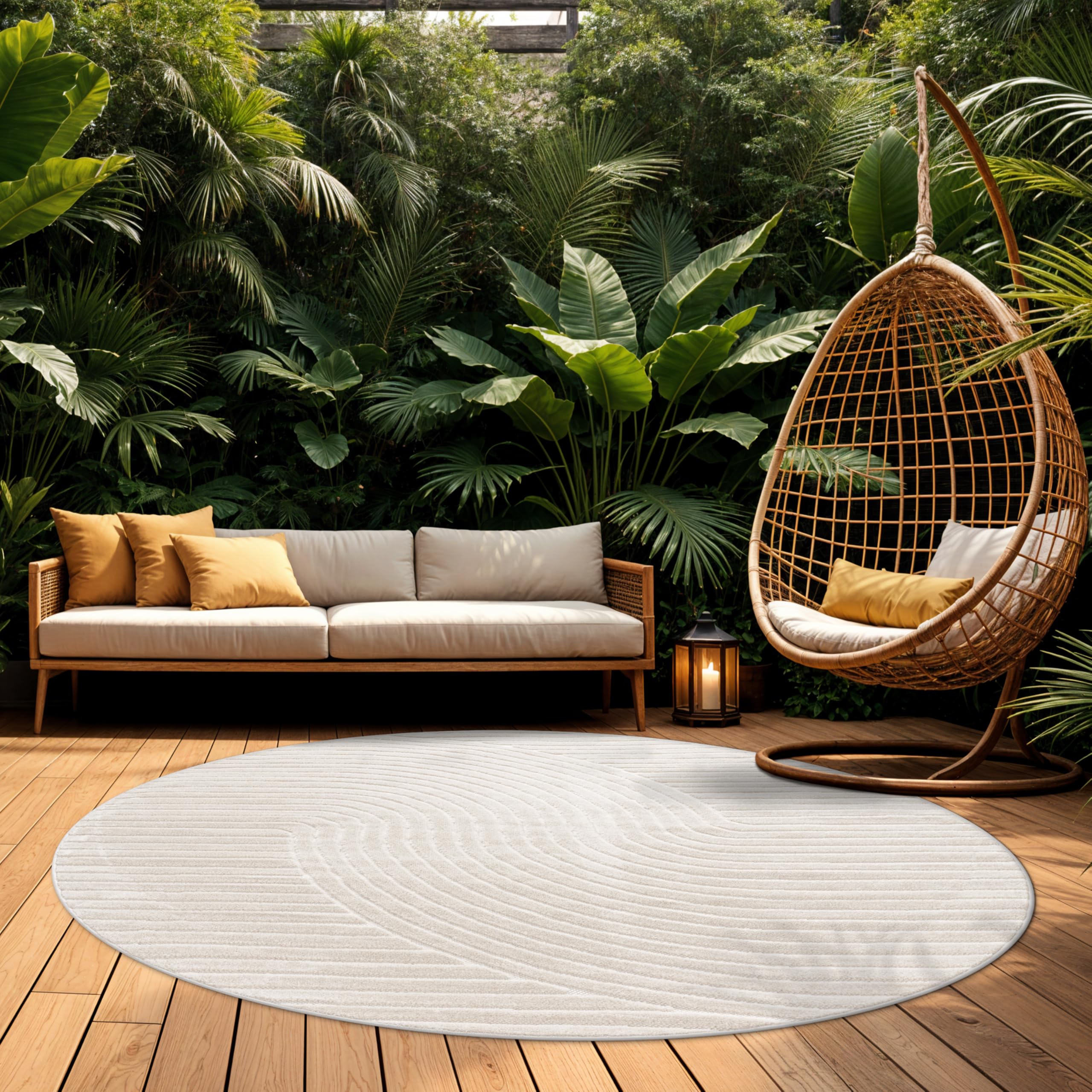 Paco Home Teppich Outdoor Wetterfest, Moderne abstrakte Boho Designs mit 3D Struktur, Pflegeleicht, ideal für Terrasse Wohnzimmer & Küche, Grösse:160 cm Rund, Farbe:Creme 2