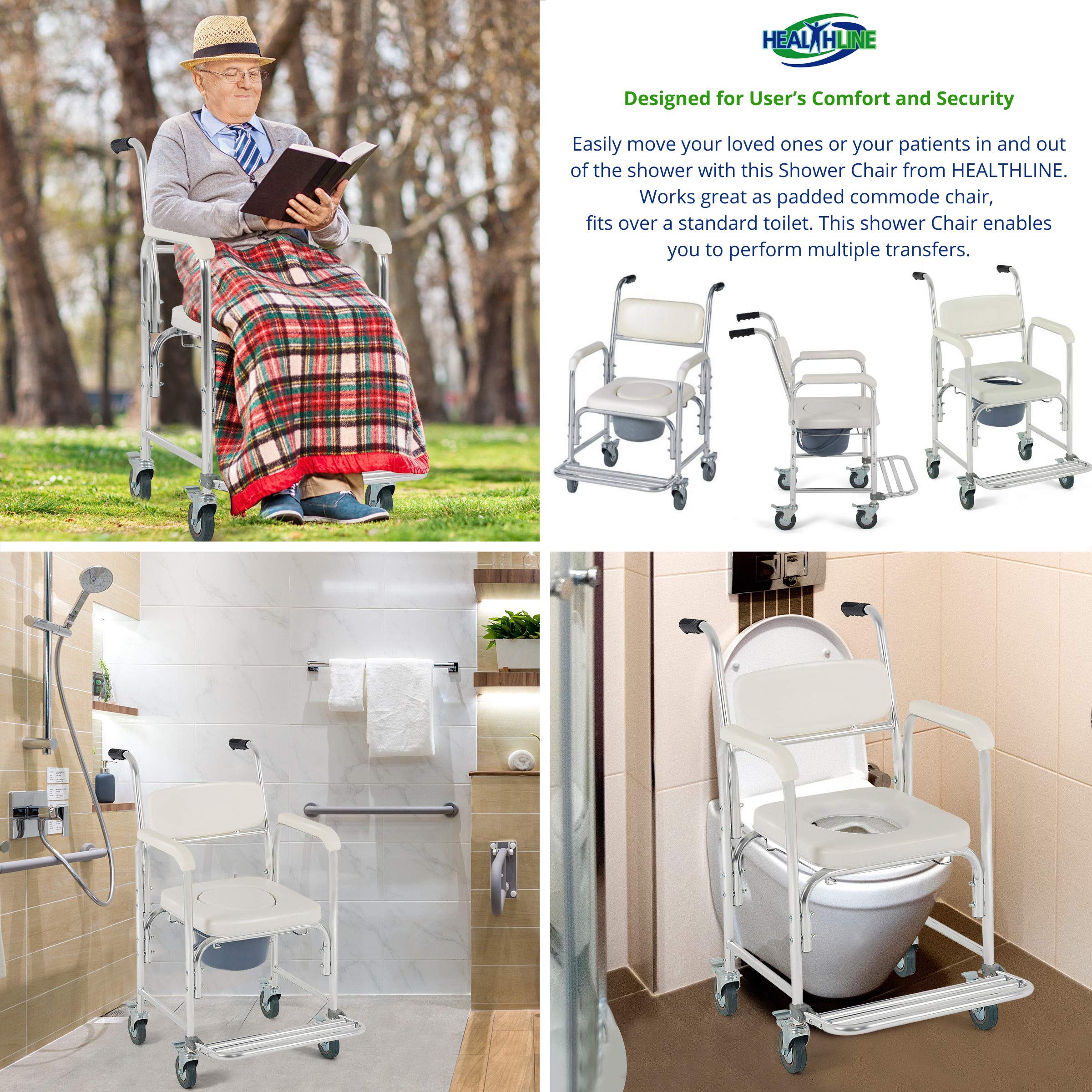 HEALTHLINE Healthline - Silla de ducha acolchada con ruedas de Healthline, inodoro médico, silla de ducha con ruedas (frenos de 4 ruedas), respaldo acolchado y asiento