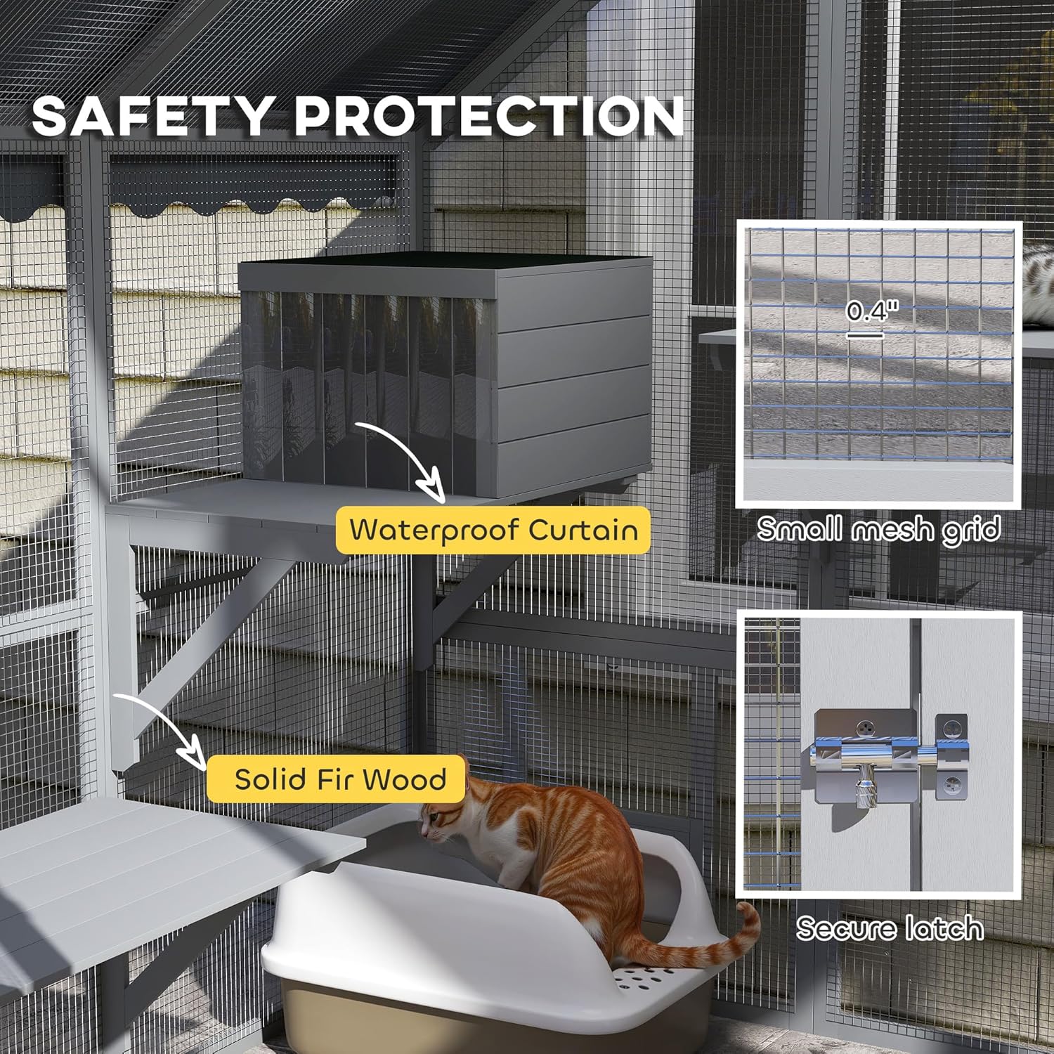 PawHut 73" L Large Catio Outdoor Cat Enclosure for Multiple Kittens, 28 sq.ft Wooden Cat House with Waterproof Cover, Walk in Kitty Cage Kennel with 2 Condos, 4 Platforms, Bridge, Doors, Gray