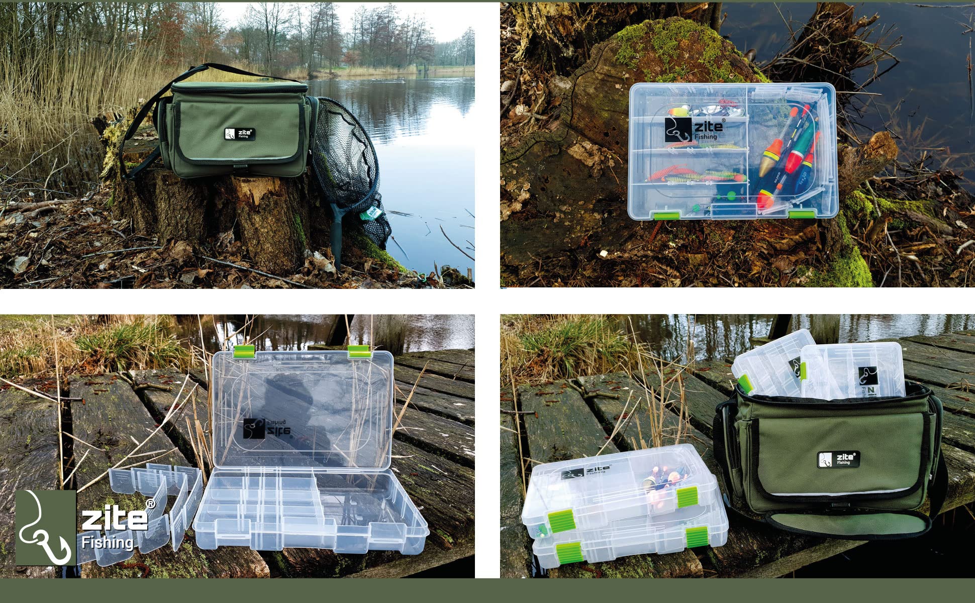 Zite Fishing Angeltasche mit Boxen 35cm [4 Tackle-Boxen inkl.] Angelkoffer Forellen Angel Taschen mit Boxen, System Bag Umhängetasche, Angeltaschen Angler Tasche, Angeltasche für Zubehör Angeln Tasche