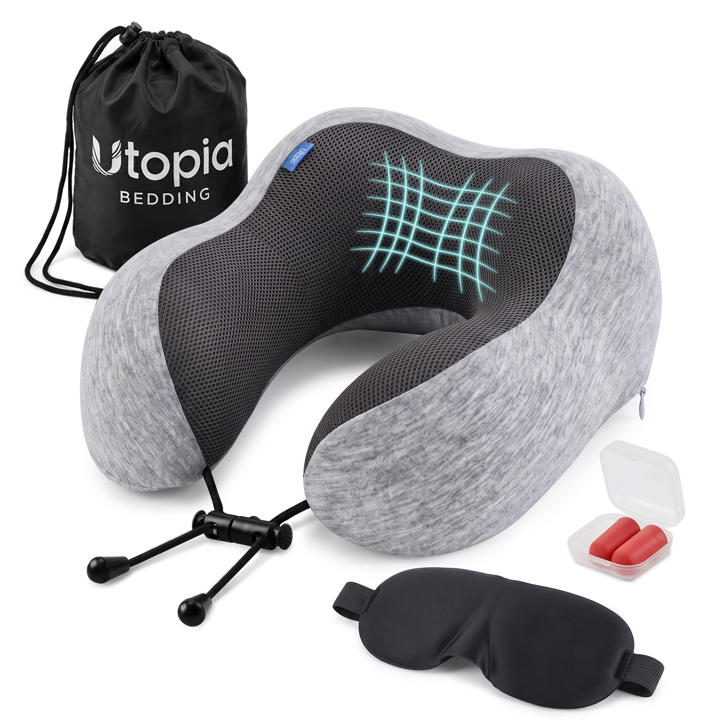 Utopia Bedding Memory Foam Travel Neck Pillow, Grey, 1 Pack, Washable Cover