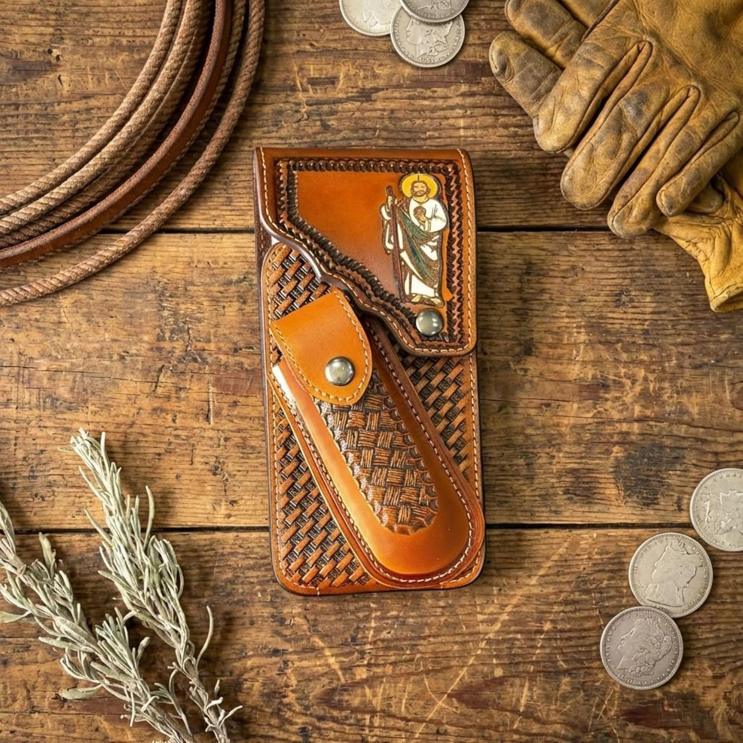 Jesus Basketweave Holster with Knife Sheath Western Leather Phone Belt Pouch Embossed Handmade Cell Phone Case Tooled Case Universal by E g i f t h o m e #EH13250_Pouch Size 7" x 4" x 1" (Tan)