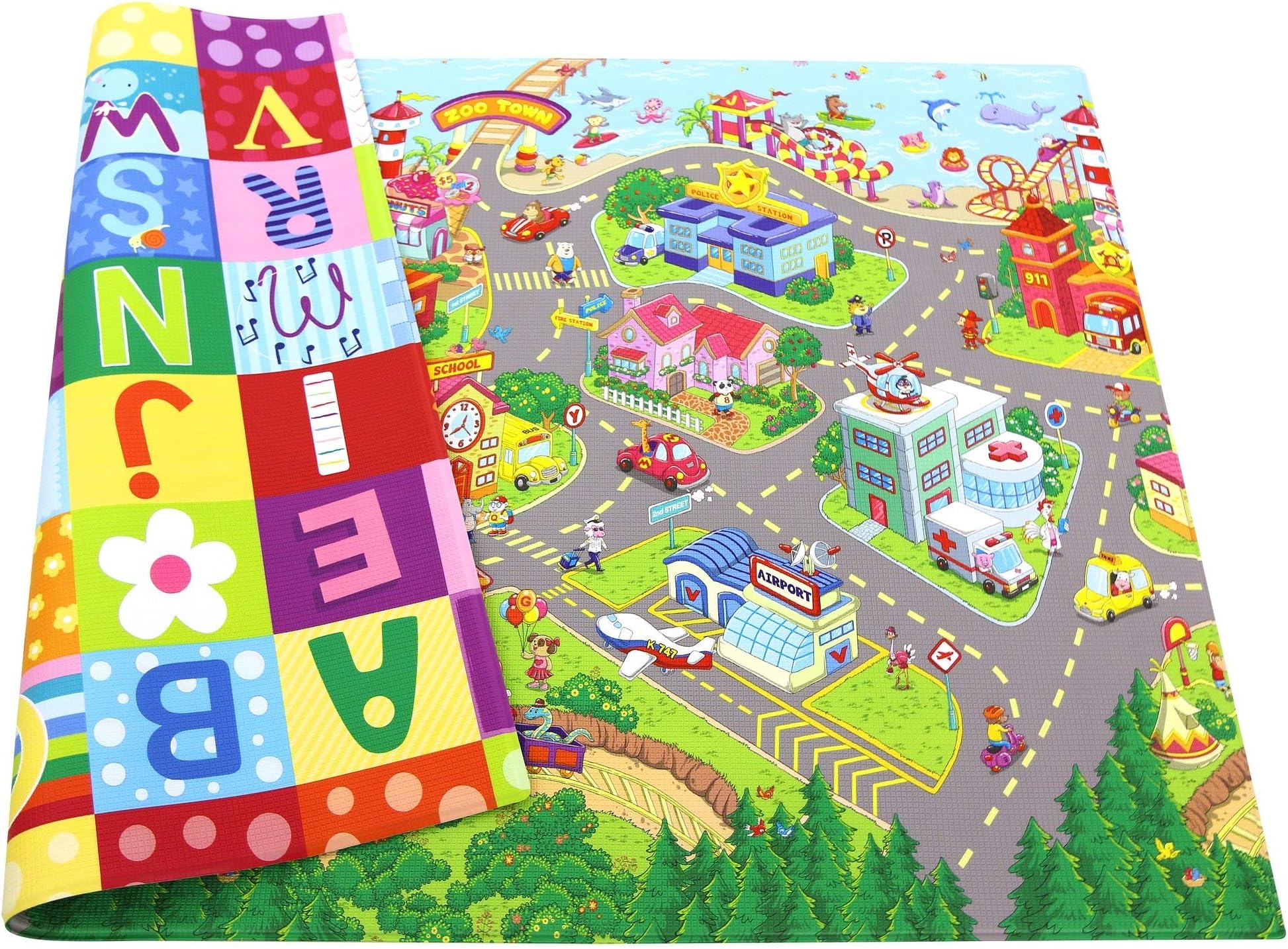 Baby Care Play Mat (Medium, Playful - Zoo Town) 73’’ x 49’’ Original One-Piece Reversible Rollable Waterproof Play Mat for Infants, Babies, Toddler, and Kids