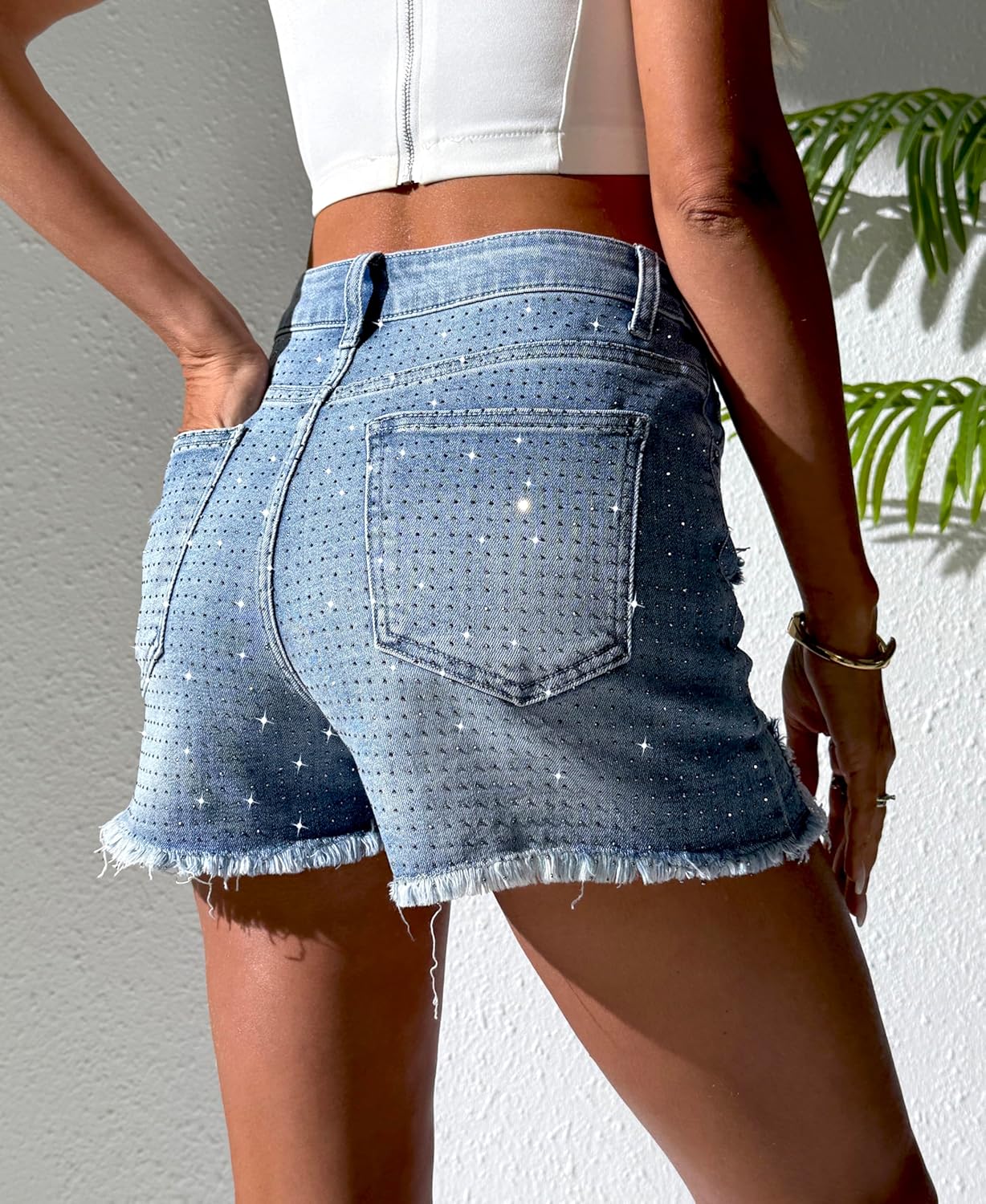heipeiwa Women's Rhinestone Jean Shorts High Waisted Denim Shorts Sparkle Shiny Sequin Glitter Party Y2K Outfits