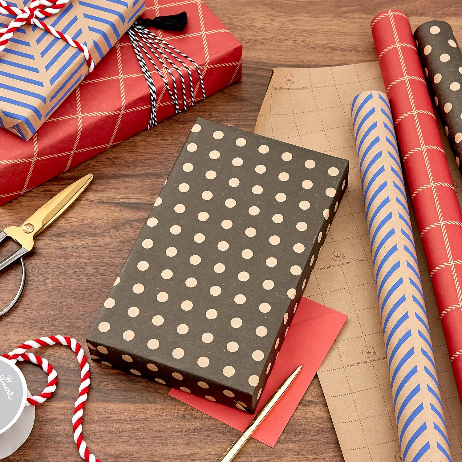 Hallmark Recyclable Wrapping Paper with Cutlines on Reverse (6 Rolls: 120 Square Feet Total) Red Grid, Blue Chevron, Rainbow Stars, "Celebrate" on Kraft Brown for Birthdays, Graduations, Father's Day