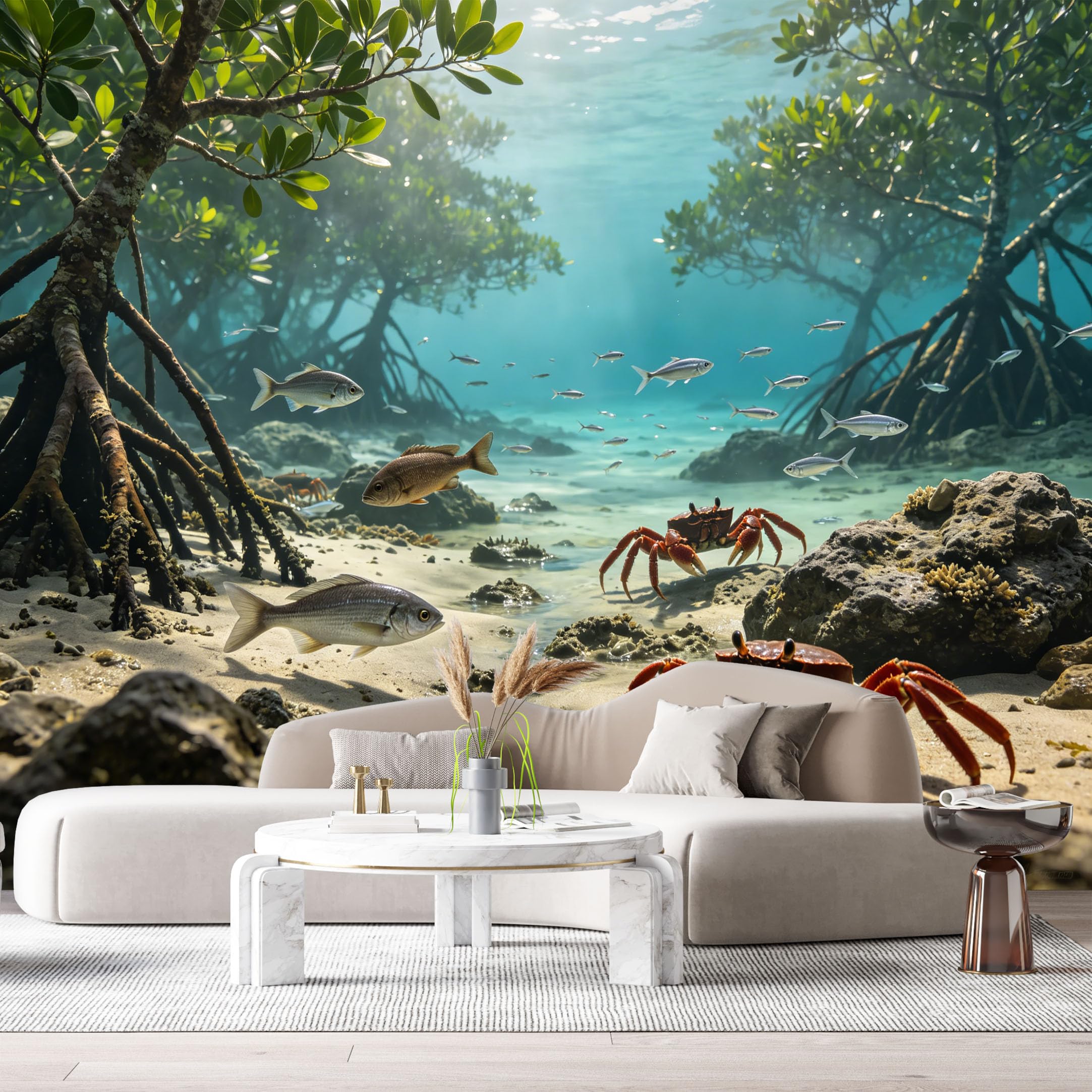Custom Size Wall Murals Tropical Mangrove Forest Ocean Marine 3D Underwater Wildlife Fish Crab SelfAdhesiveWall Fabric Removable Wallpaper Wall Decor for Living Room Bedroom Bathroom