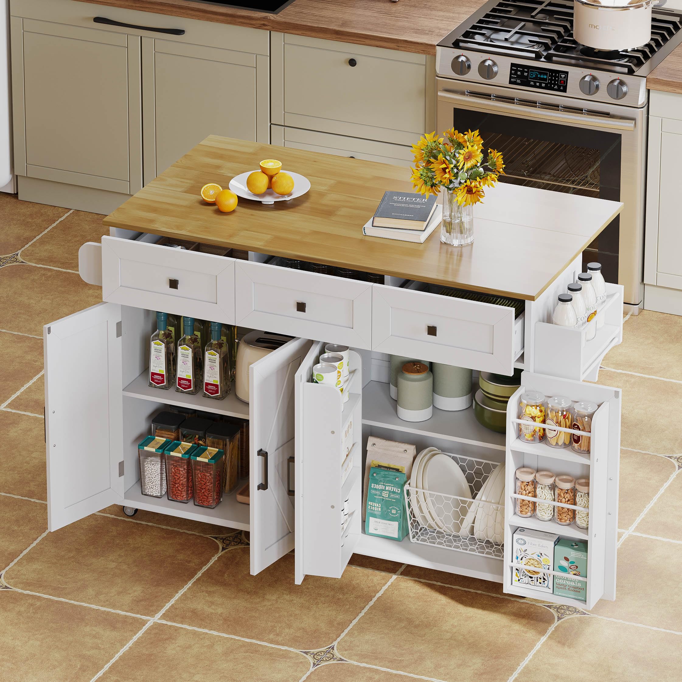 Jaxenor Kitchen Island on Wheels with Foldable Countertop, White+Natural โ image 1