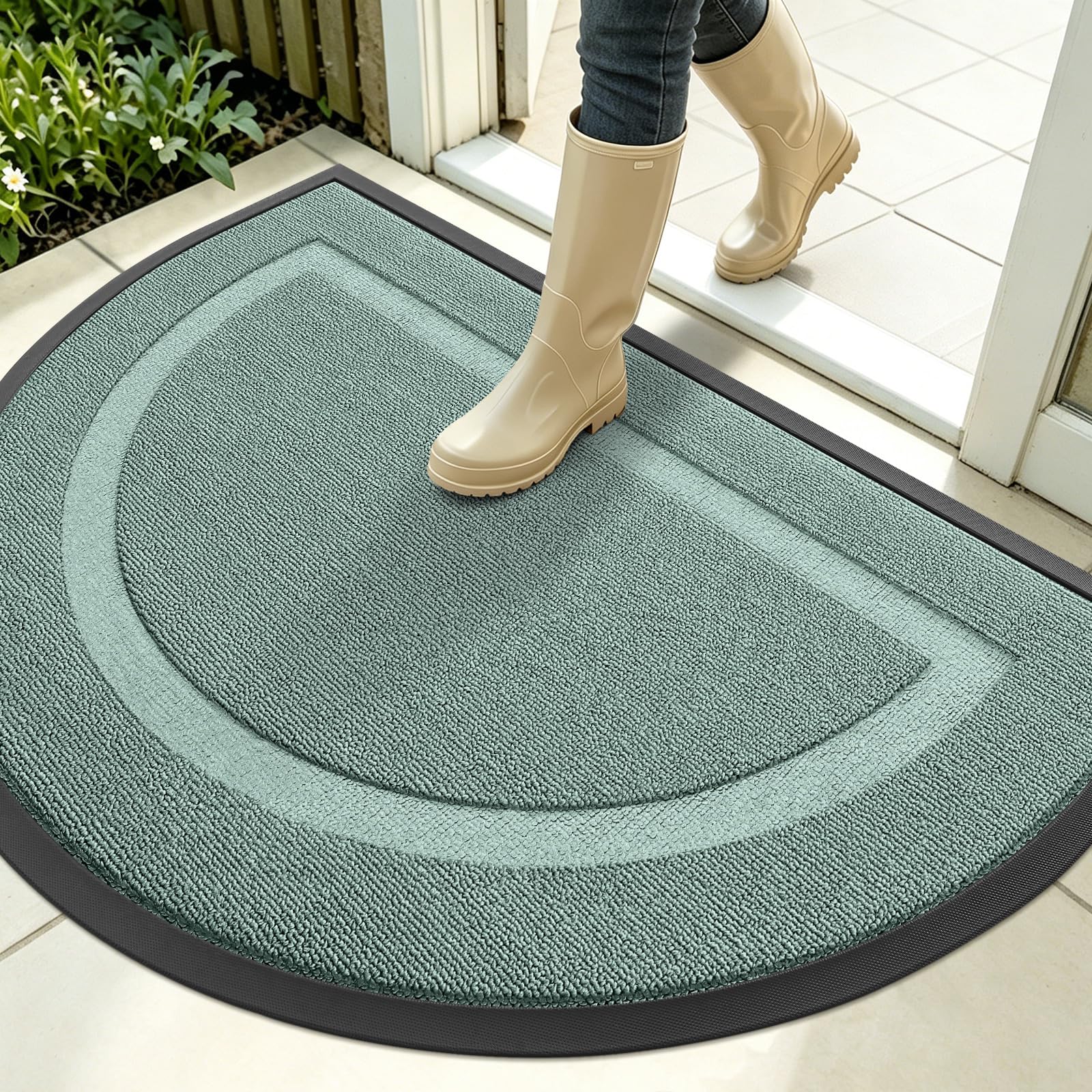 OLANLY Half Circle Front Door Mat Outside 35x23 All-Season Rubber Doormat | Grayish Green, Absorbent, Heavy-Duty, Stain and Fade Resistant, Non-Slip Backing, Low-Profile Indoor Outdoor Entryway Mat