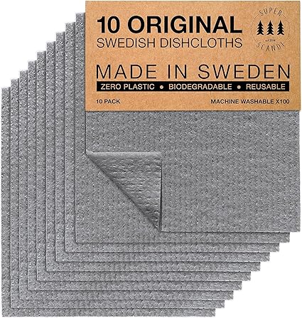 SUPERSCANDI 10 Pack Swedish Dishcloths for Kitchen - 100% Biodegradable & Compostable Reusable Paper Towels Washable, Food-Safe & Without Plastic - Dish Rags Suitable for Any Surface, Grey