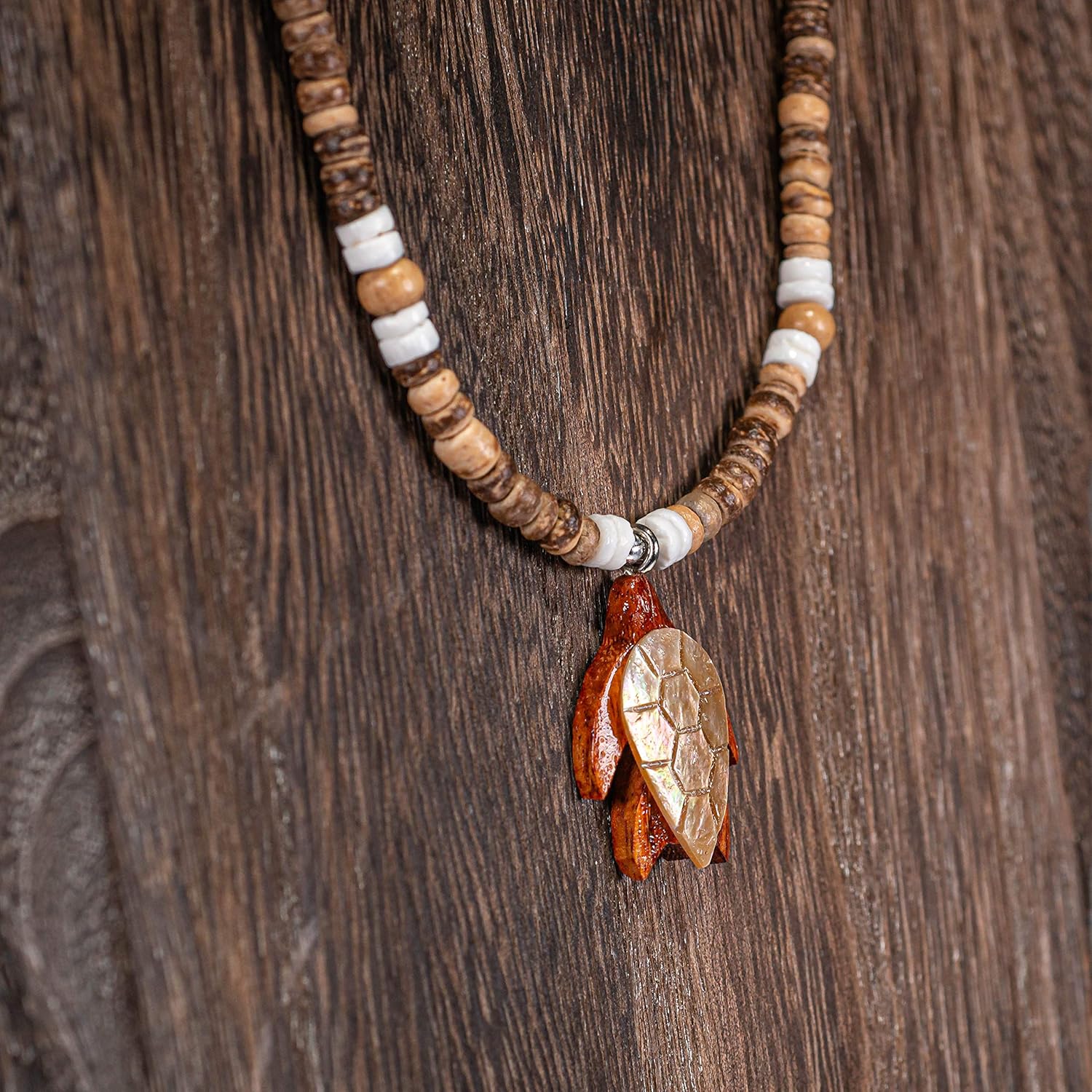 BlueRica Wood & Shell Sea Turtle on Coconut Shell Beads Necklace - Image 5