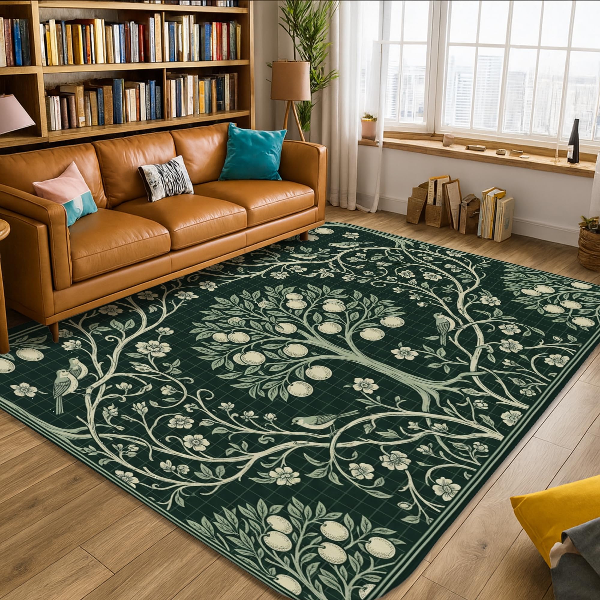Alfombra de área de árbol, ramas naturales botánicas, flores, color verde primavera, esponja de pelo bajo, alfombra rectangular suave, resistente a las manchas, para sala de estar, recámara
