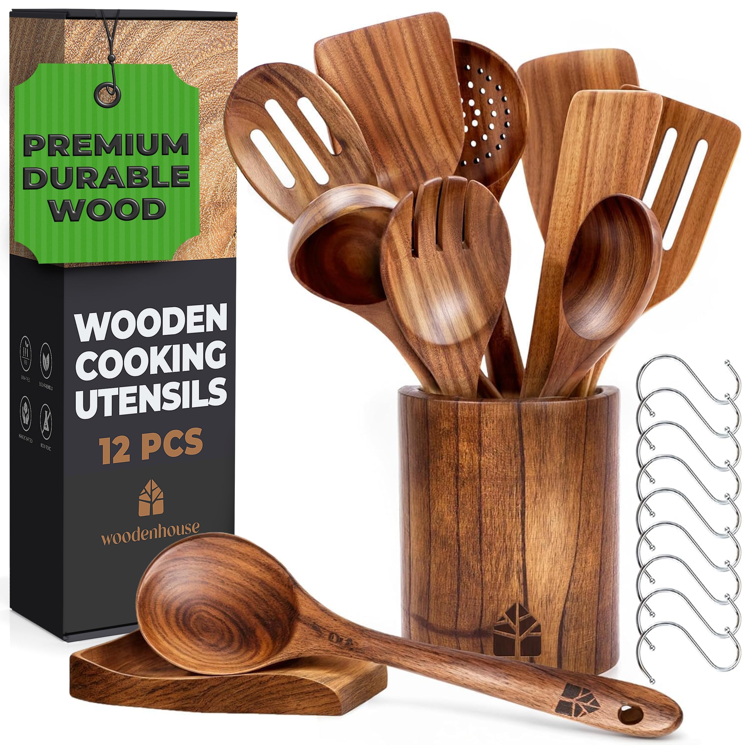 Woodenhouse teak wooden utensil set with holder spoon rest and hooks