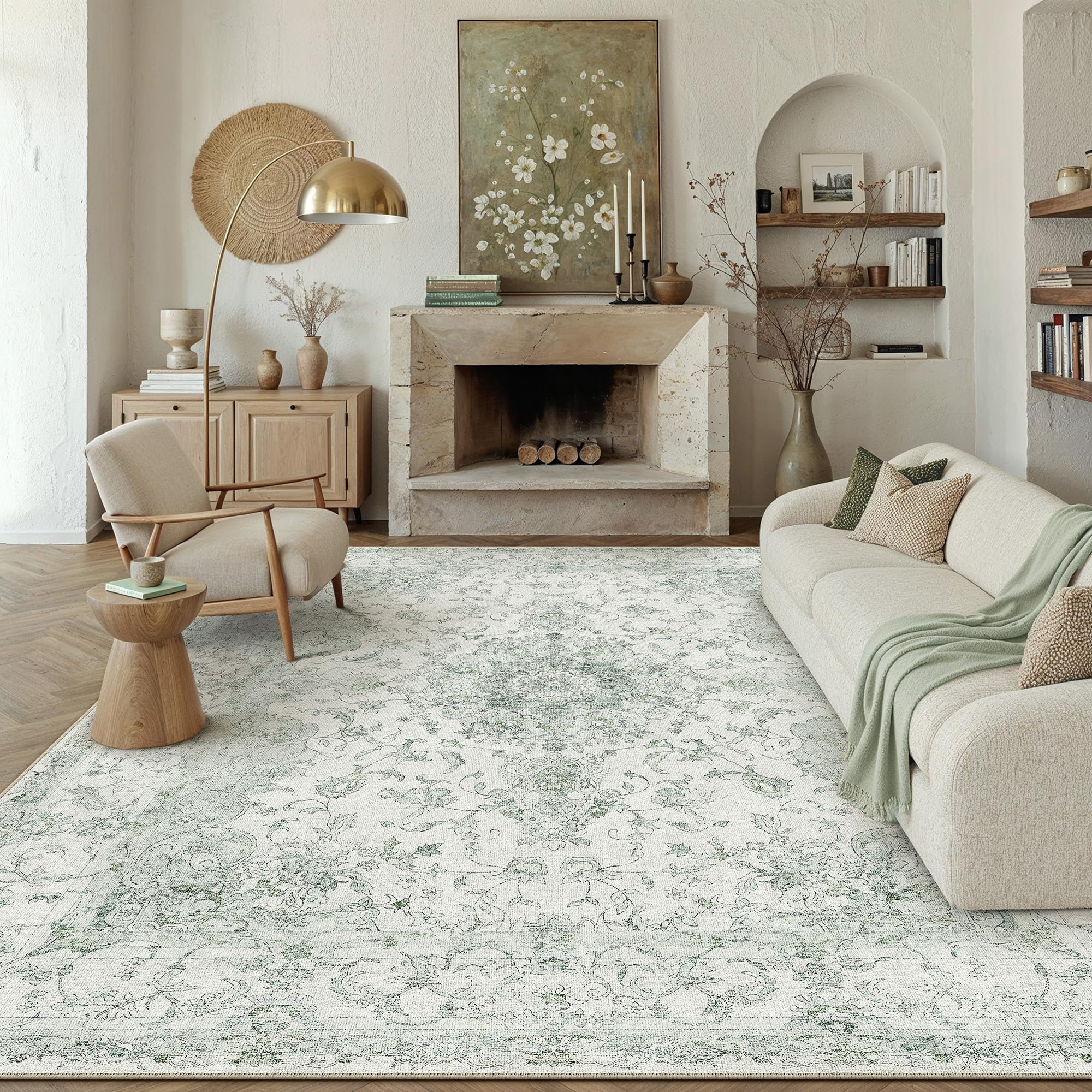 PureCozy Vintage Green Rugs Living Room 300x400cm Area Rug Non Slip Machine Washable Large Traditional Carpet Low Pile Soft Dining Room Bedroom Office Lounge Indoor Home Decor — image 1
