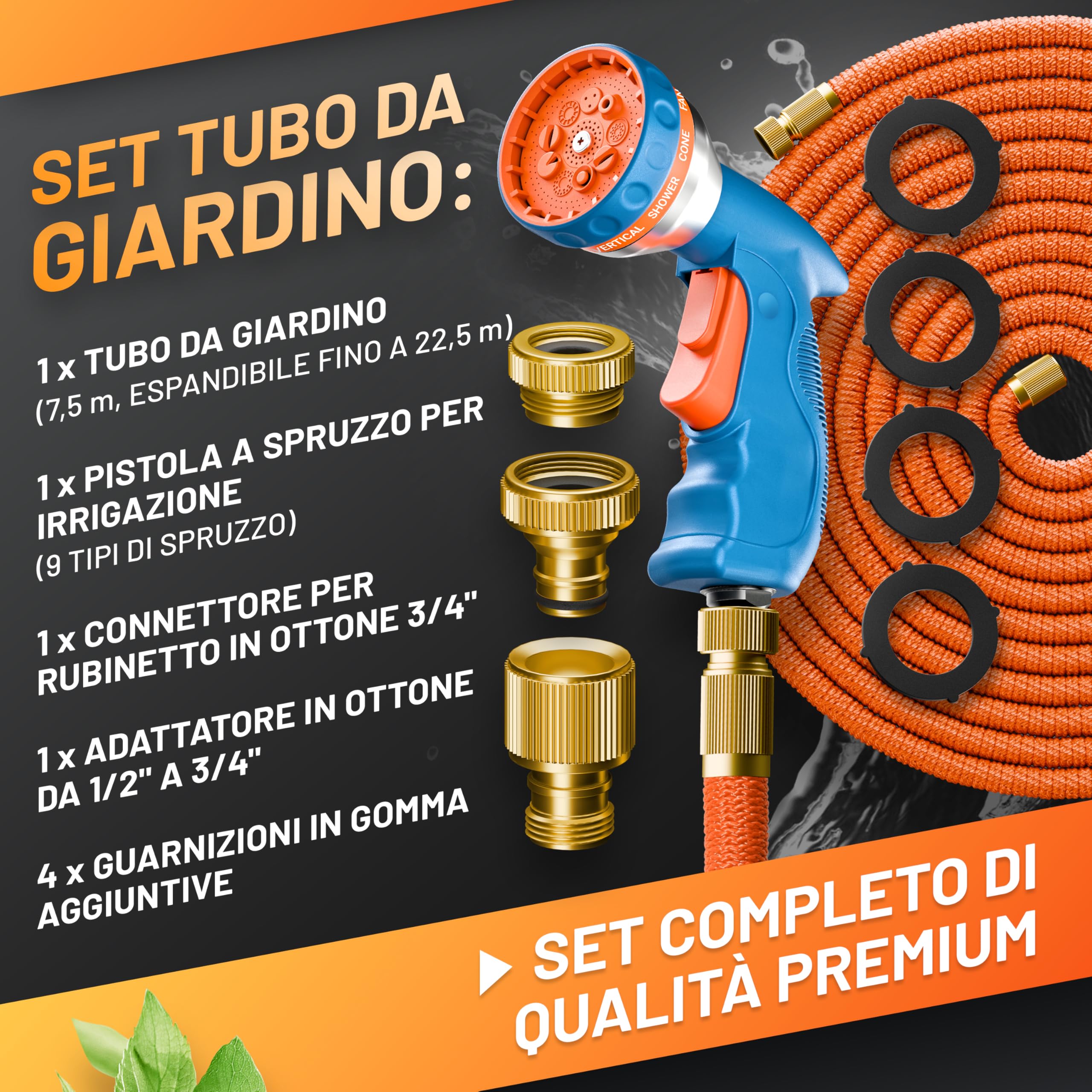GRÜNTEK Tubo Estensibile Irrigazione Giardino (7,5-22,5M) Canna Acqua e Pistola a Irrigazione 10 spruzzi (Raccordi Ottone).