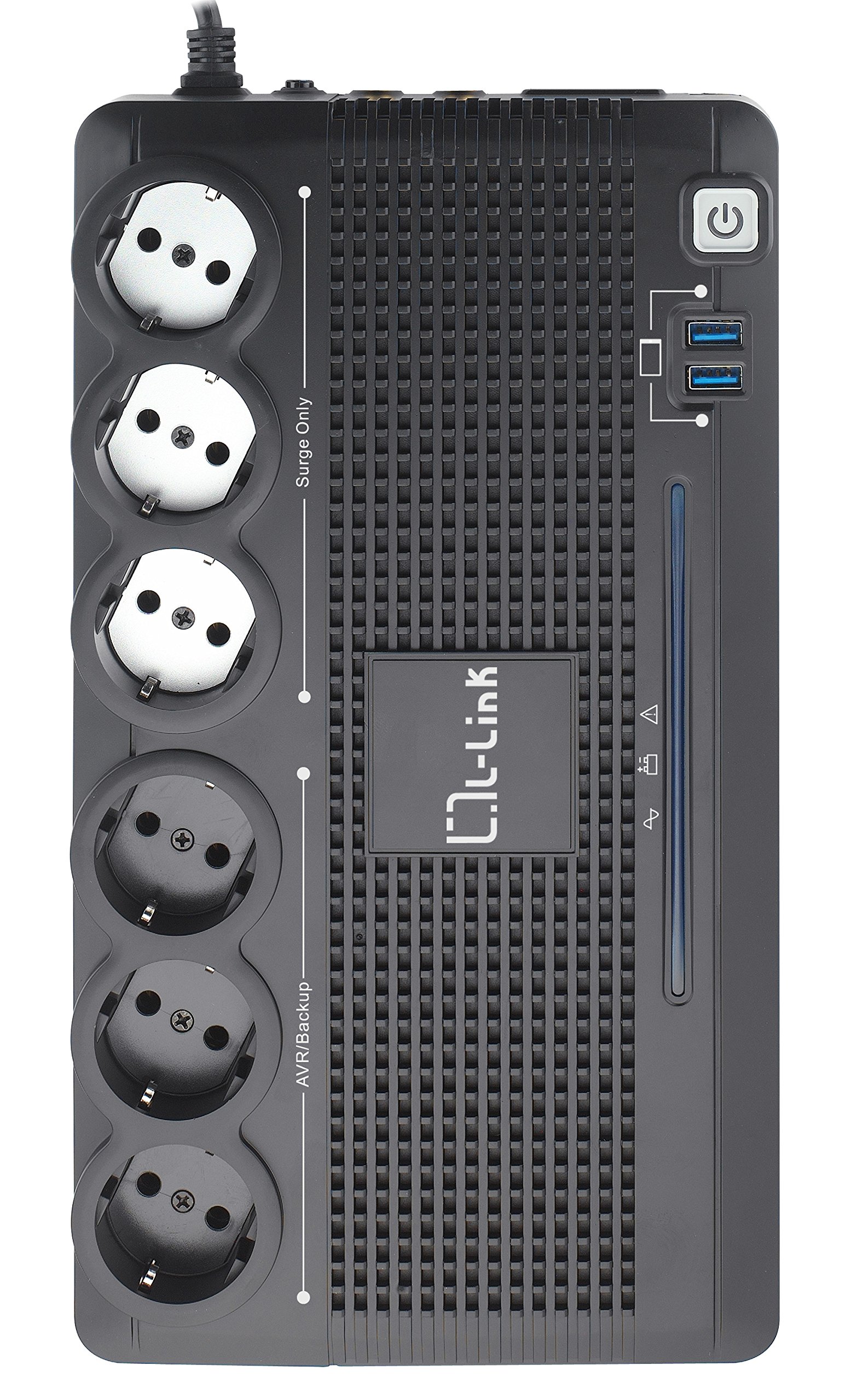 L-LINK sistema de Alimentación ininterrumpida SAI 6 salidas Schuko, SAI para PC con Potencia 700VA, Protección Avanzada con Monitorización Inteligente y Función de Apagado sin Carga, Protección ADSL