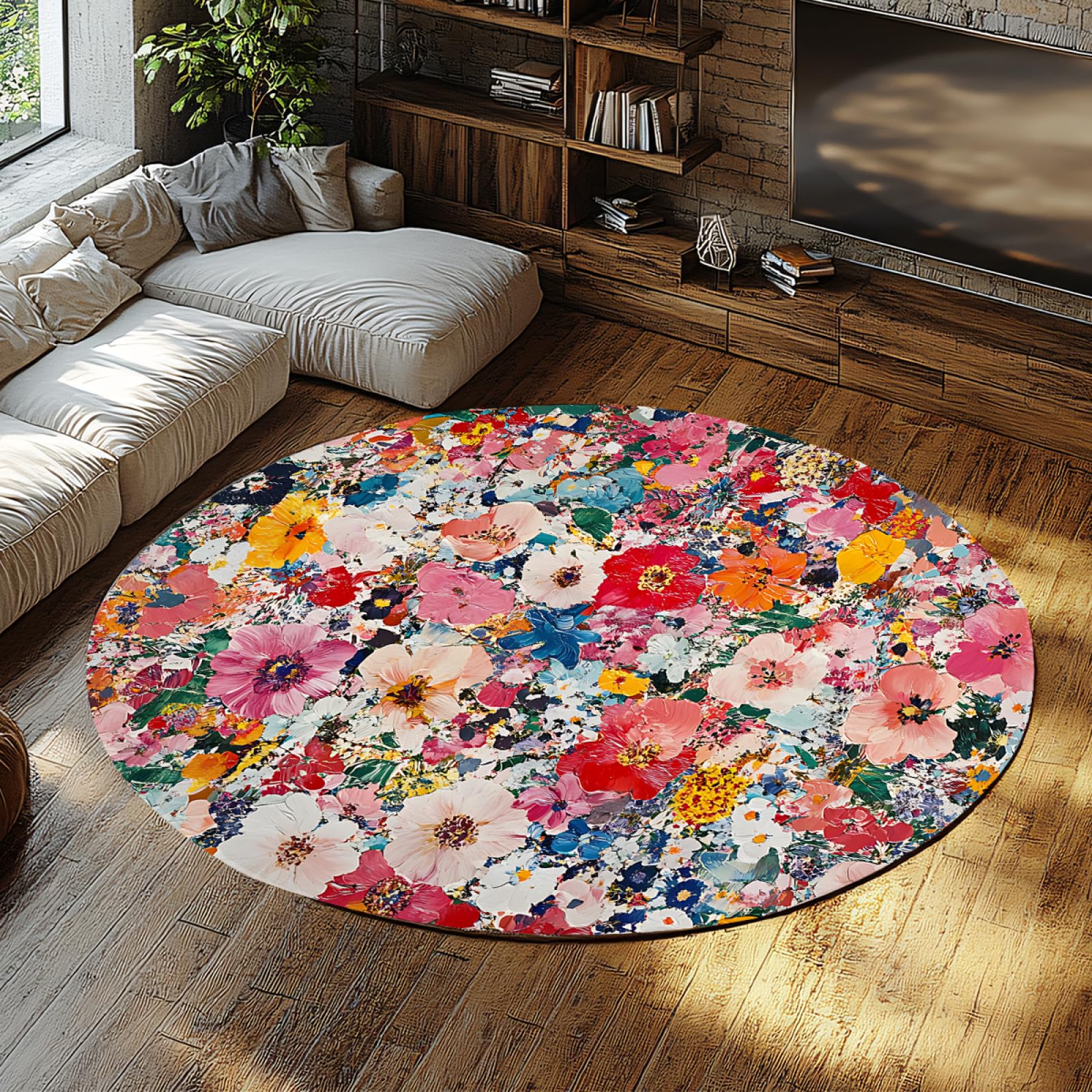 Tapis rond lavable 180cm à poils ras anti-taches et poussière