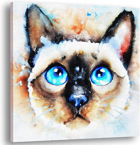 Arte de pared en lienzo de gato siamés con impresionantes ojos azules 100 original único y realista arte de acuarela de gato siamés para dormitorio Arte de pared en lienzo de gato siamés con impresionantes ojos azules 100 original único y realista arte de acuarela de gato siamés para dormitorio