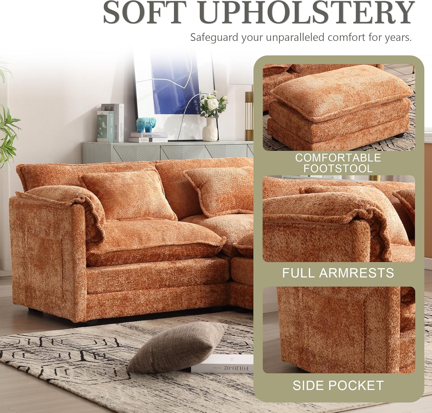 Sectional Modular Cloud Sofa Couch, 76.77" Chenille Comfy Upholstered L-Shape Sofa with Re-moveable Ottoman and 2 Pillows for Living Room,Orange