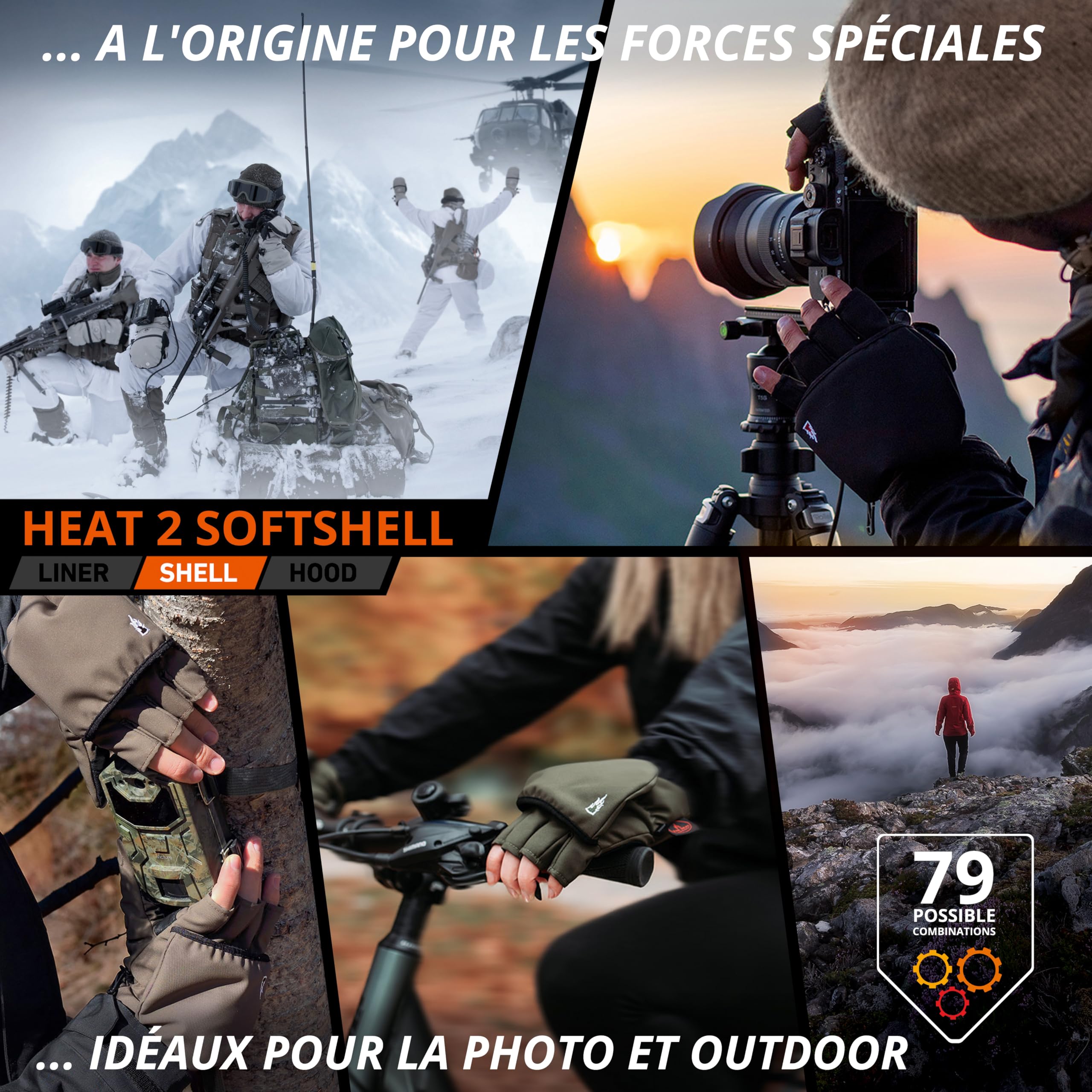 THE HEAT COMPANY - Heat 2 Softshell - Gants tactiles sans Doigts et moufle en Un - Qualité Premium - Gants d'hiver Chauds pour Le vélo & Le Running - Contre Le Froid Pendant Sport & Travail