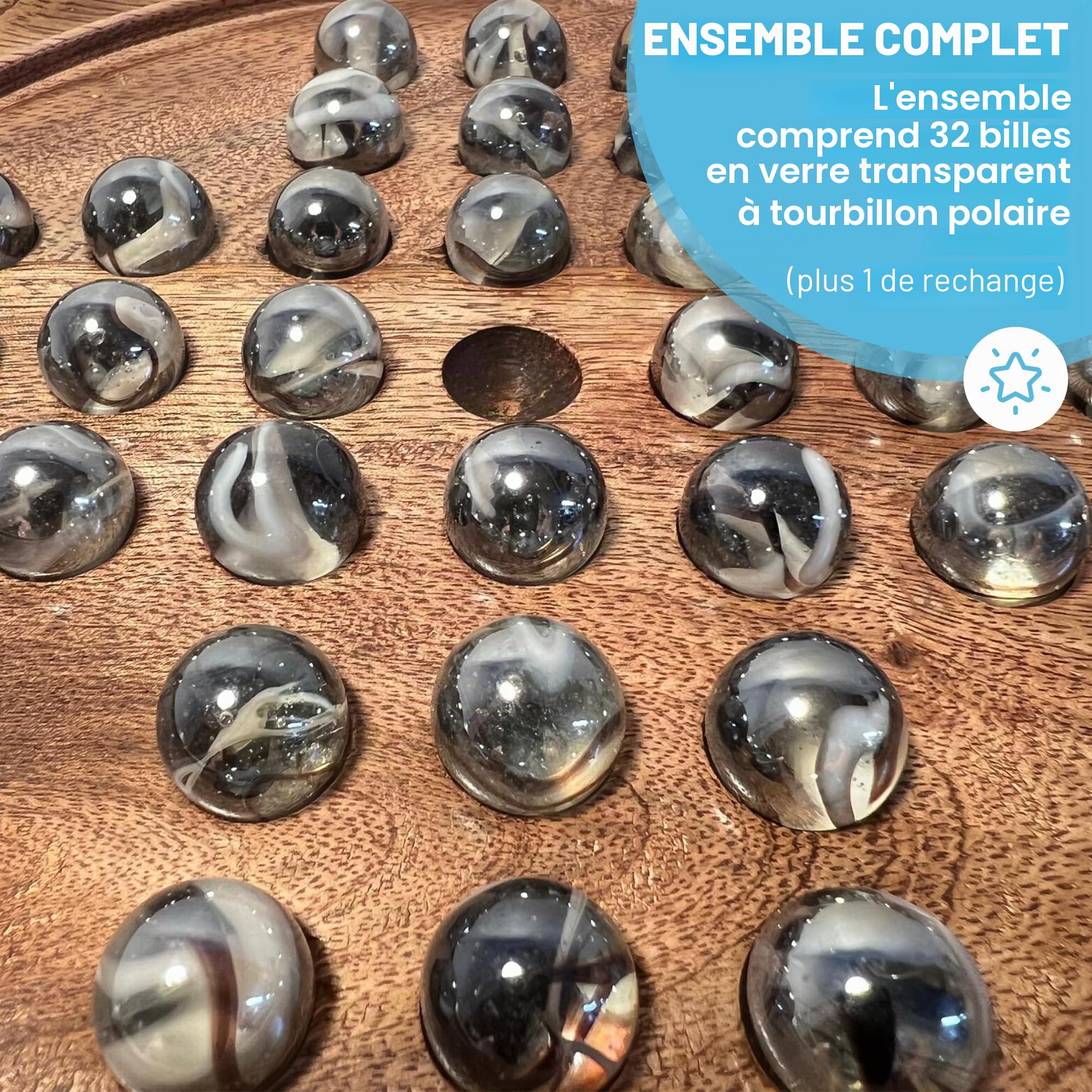Jeu de société solitaire en bois de 22 cm de diamètre avec billes de verre tourbillonnantes transparentes | jeu de solitaire classique en bois | jeu de société de stratégie | jeu de société familial |