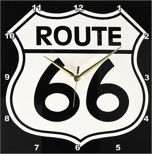 3dRose DPP_110012_1 Route 66, reloj de pared blanco y negro, 10 x 10 pulgadas