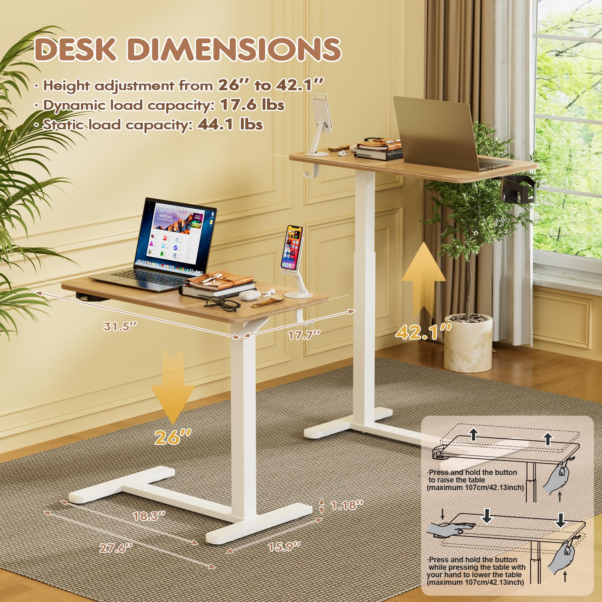 Furmax Mobile Standing Desk with Wheels Pneumatic Adjustable Rolling Computer Desk Laptop Table for Bed Couch Maple Small — view 7