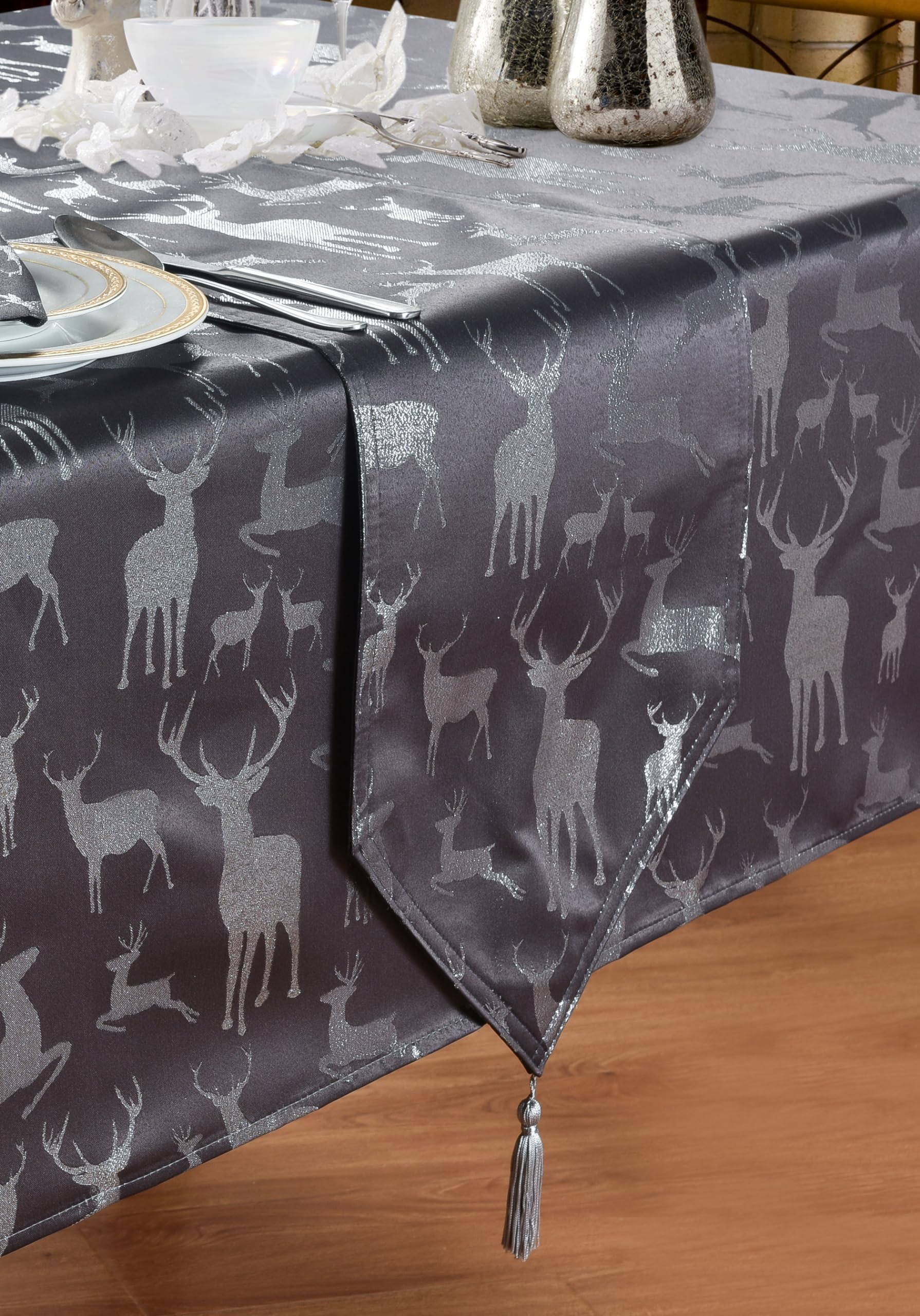 Kitchenwise Grey / Silver Table Runner Large Stag Silver, V End, Tassels, Slate Black Shimmer Deer