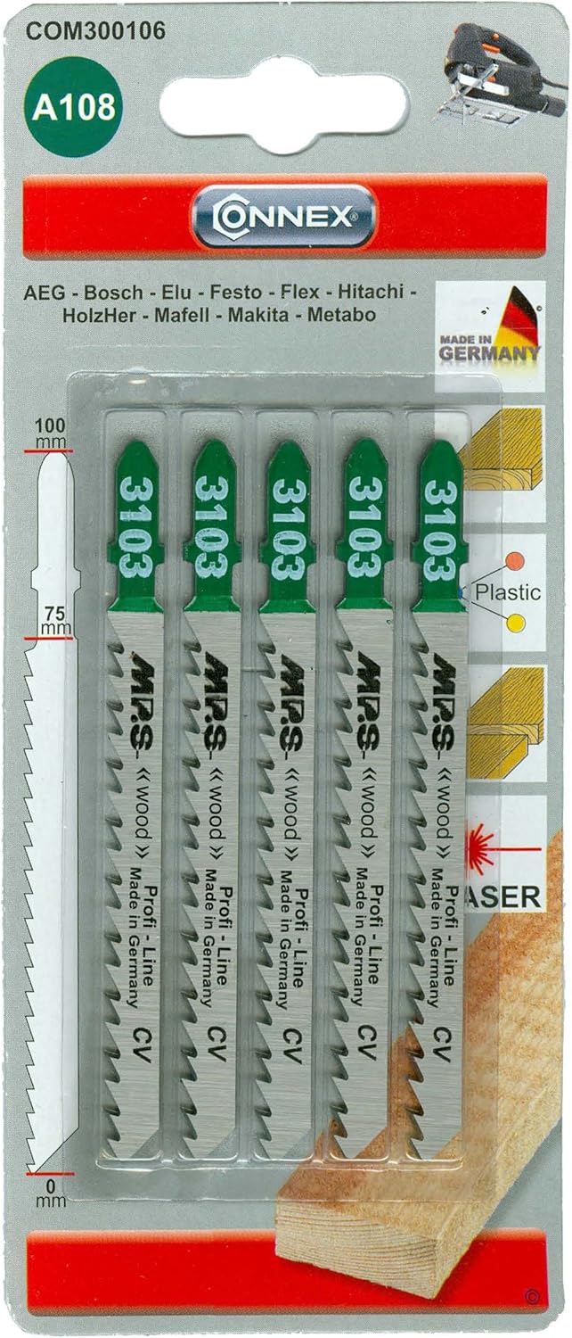 Connex COM300106 Jigsaw Blades Wood raw 100 5pcs, Silver/Black, 100 mm, Set of 5 Pieces