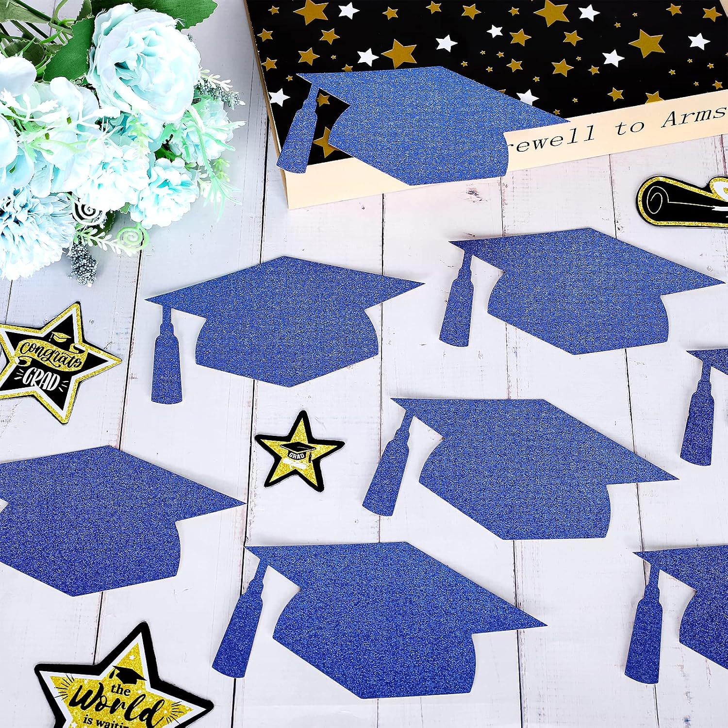 Whaline 50Pcs Grad Caps Cutouts Glitter Blue Graduation Paper Cutting with 100Pcs Glue Points Grad Cap with Tassel Shaped Confetti for High School College Graduation Party Supplies, 5.7 Inch